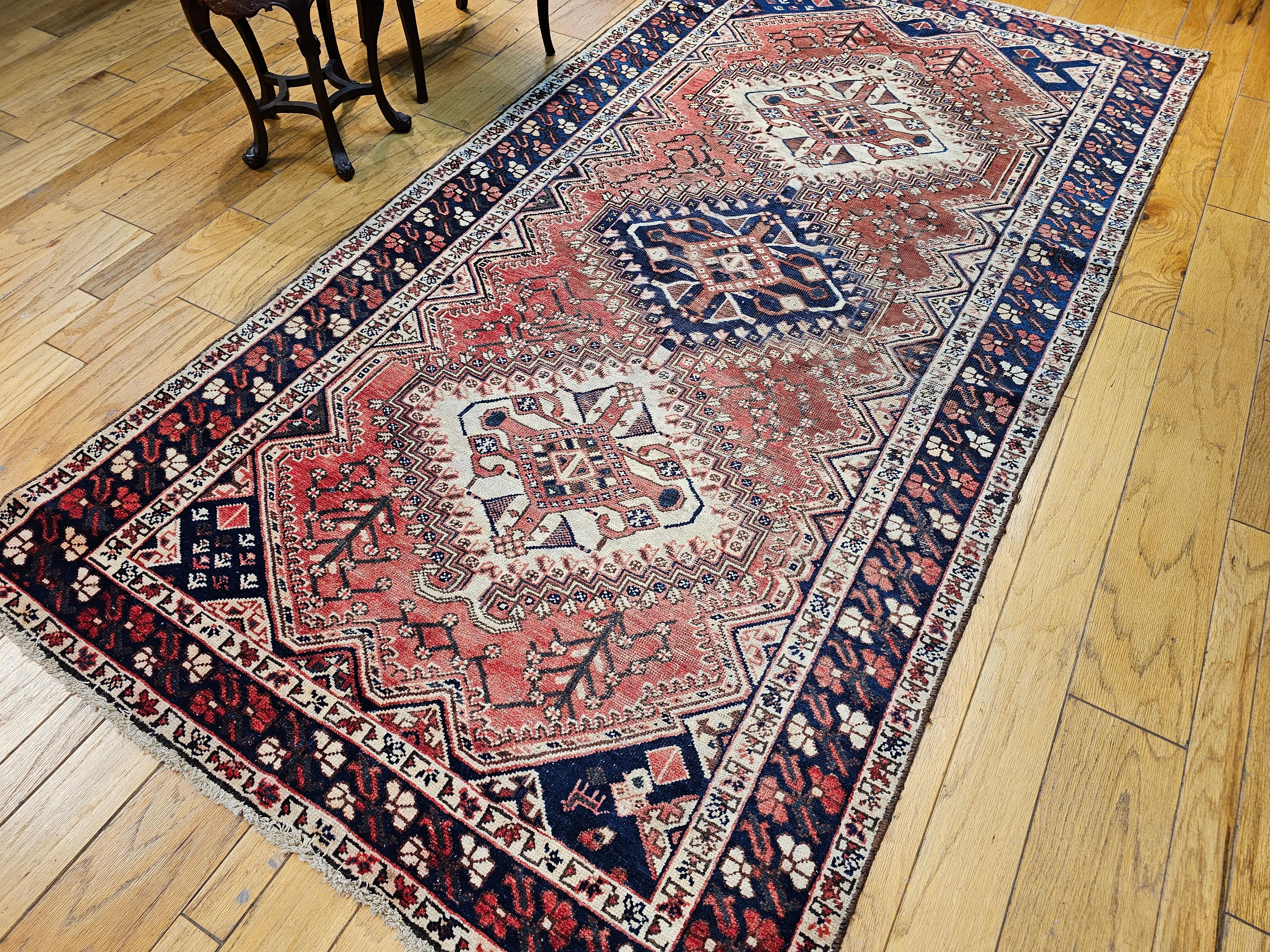 Vintage Persian Shiraz Tribal Area Rug in Rust Red, Ivory, Blue For Sale 6