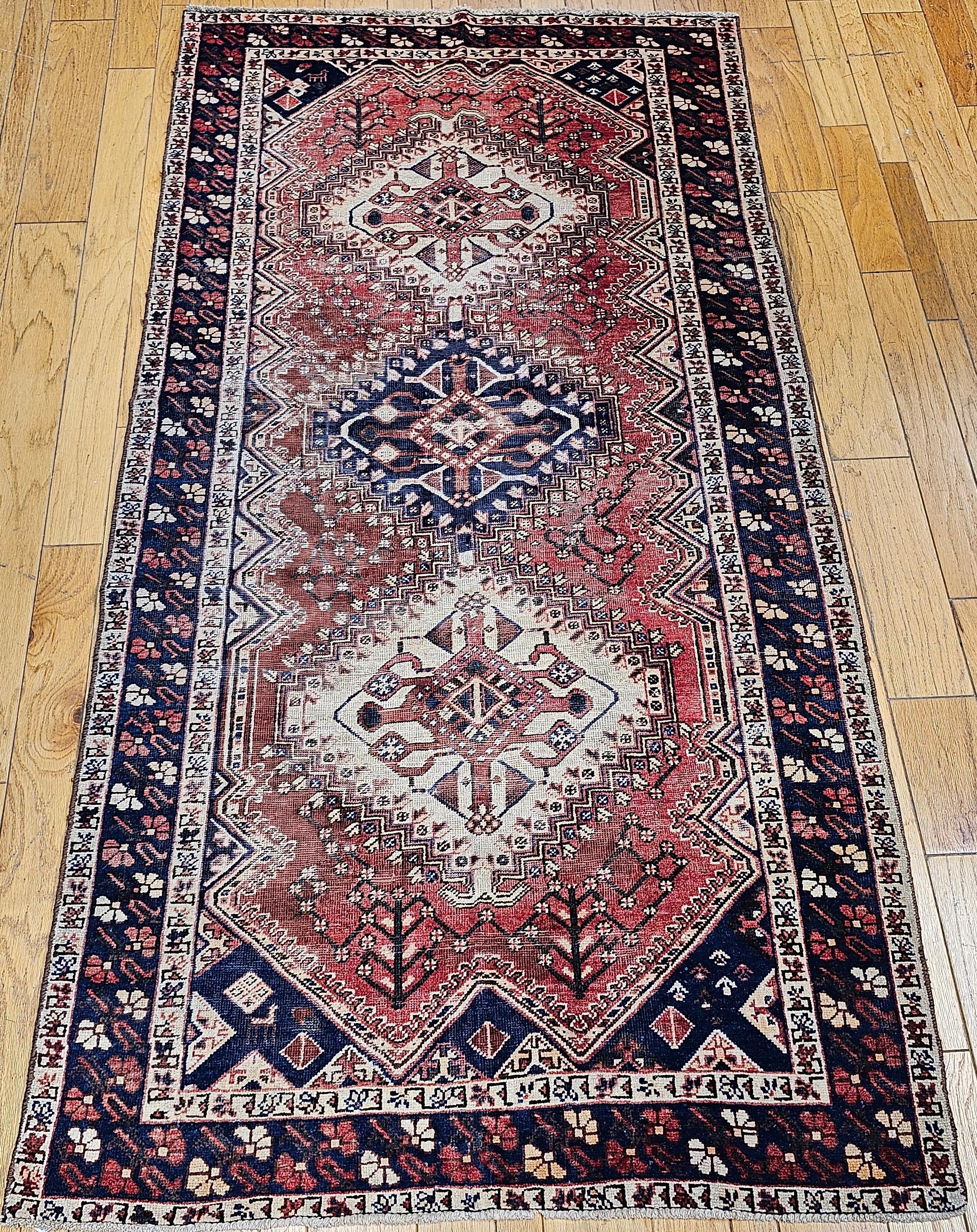 Vintage Persian Shiraz Tribal Area Rug in Rust Red, Ivory, Blue For Sale 7
