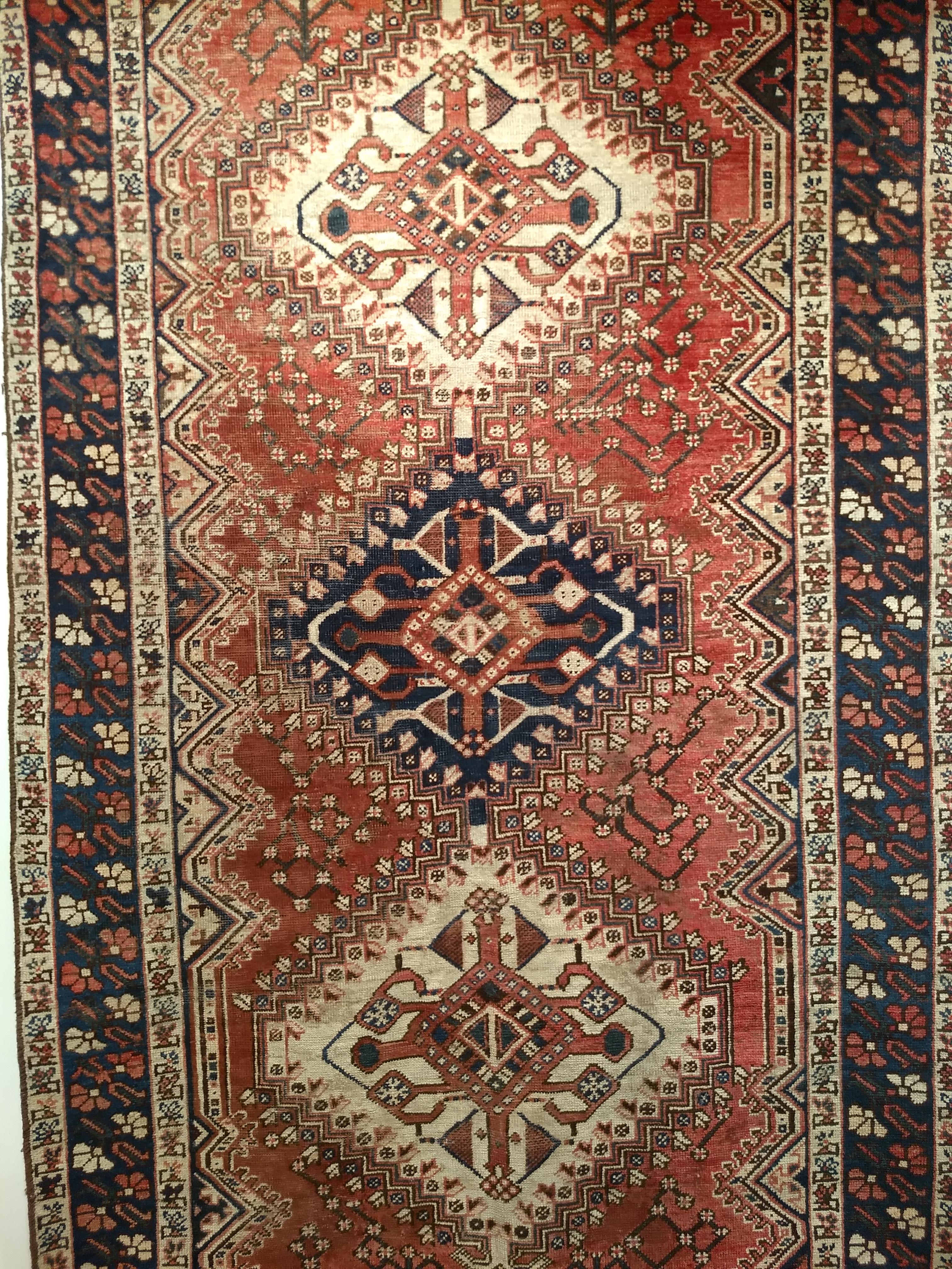 Vegetable Dyed Vintage Persian Shiraz Tribal Area Rug in Rust Red, Ivory, Blue For Sale