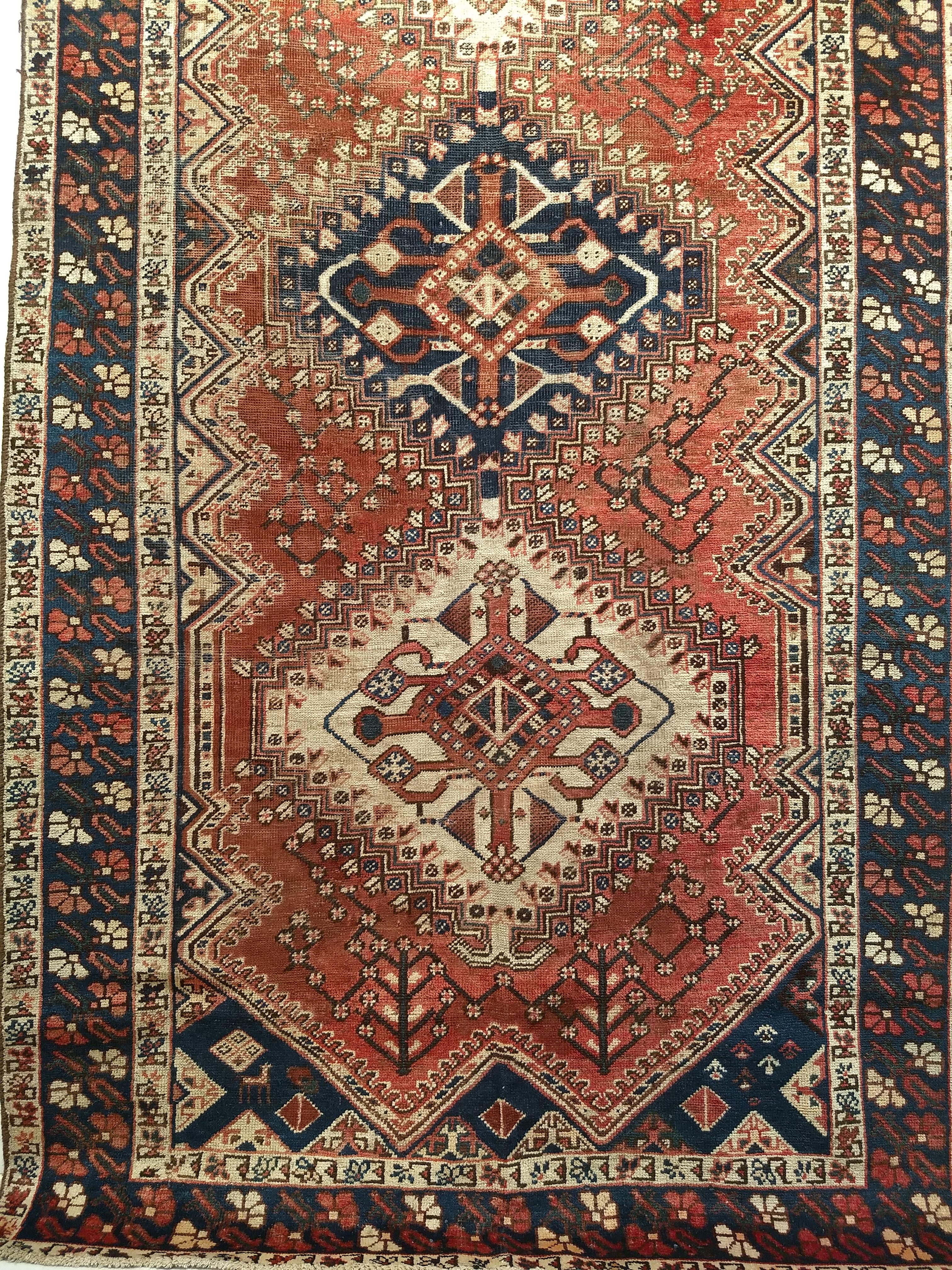 Vintage Persian Shiraz Tribal Area Rug in Rust Red, Ivory, Blue In Good Condition For Sale In Barrington, IL