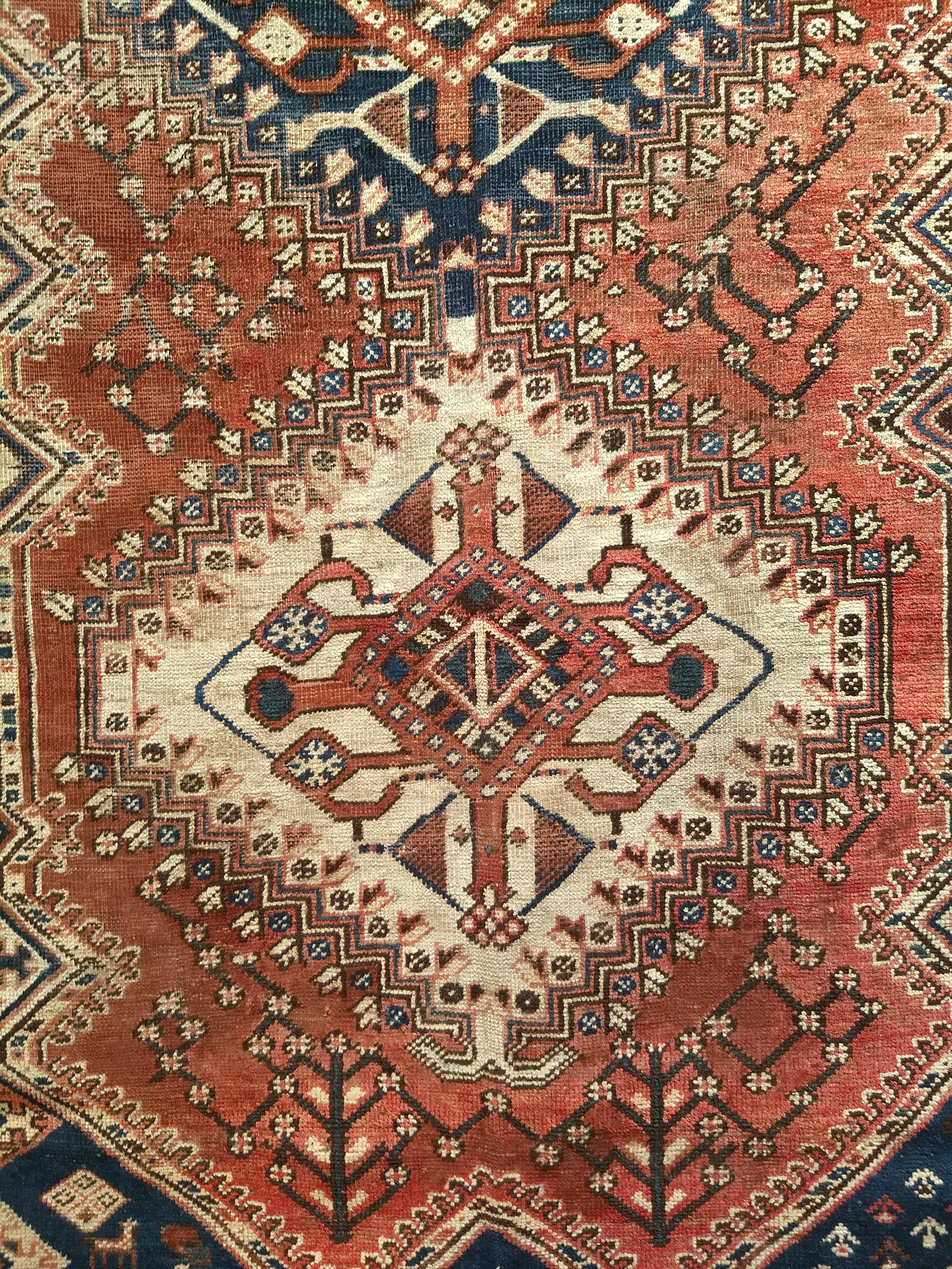 20th Century Vintage Persian Shiraz Tribal Area Rug in Rust Red, Ivory, Blue For Sale