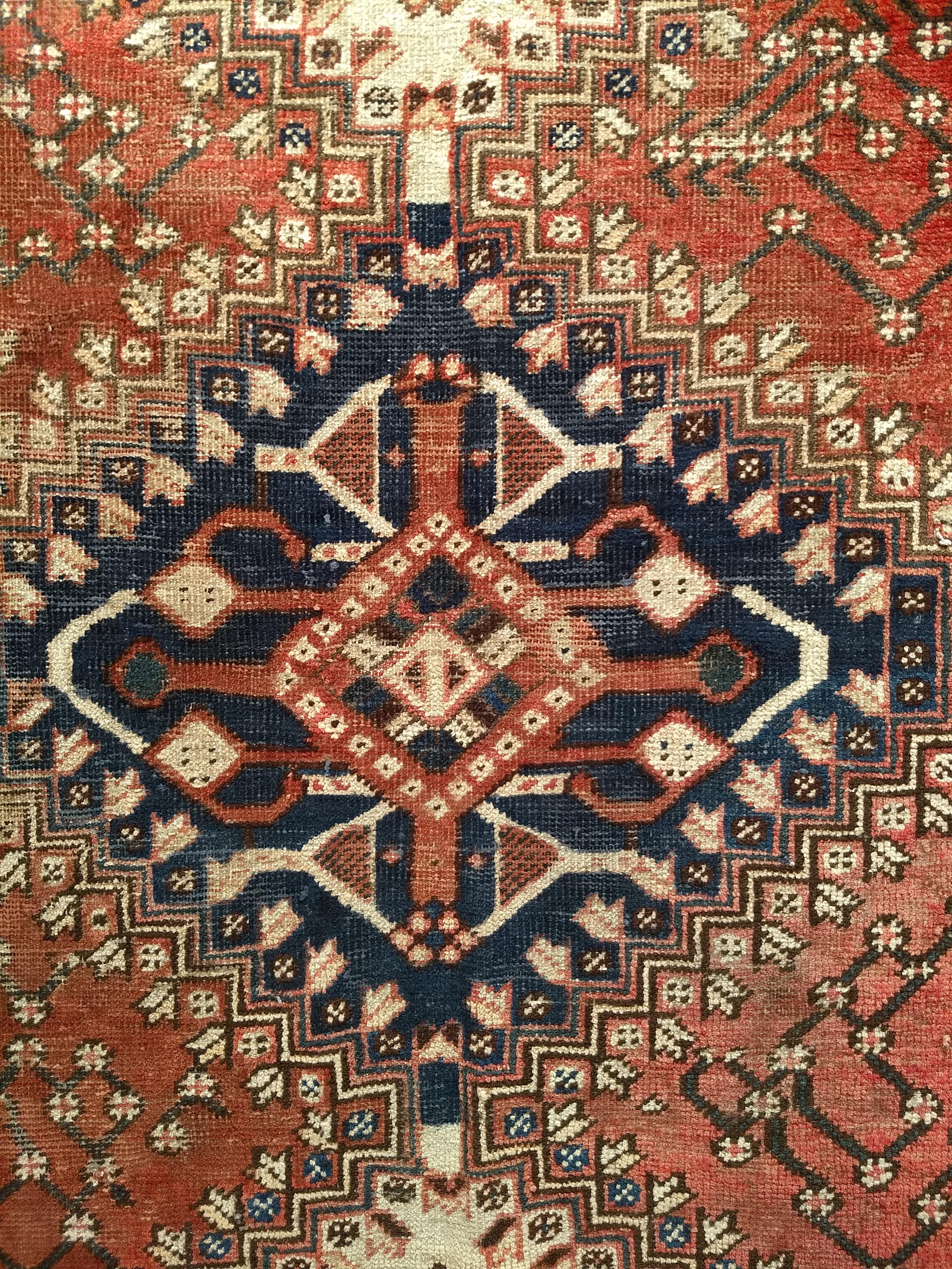 Vintage Persian Shiraz Tribal Area Rug in Rust Red, Ivory, Blue For Sale 1