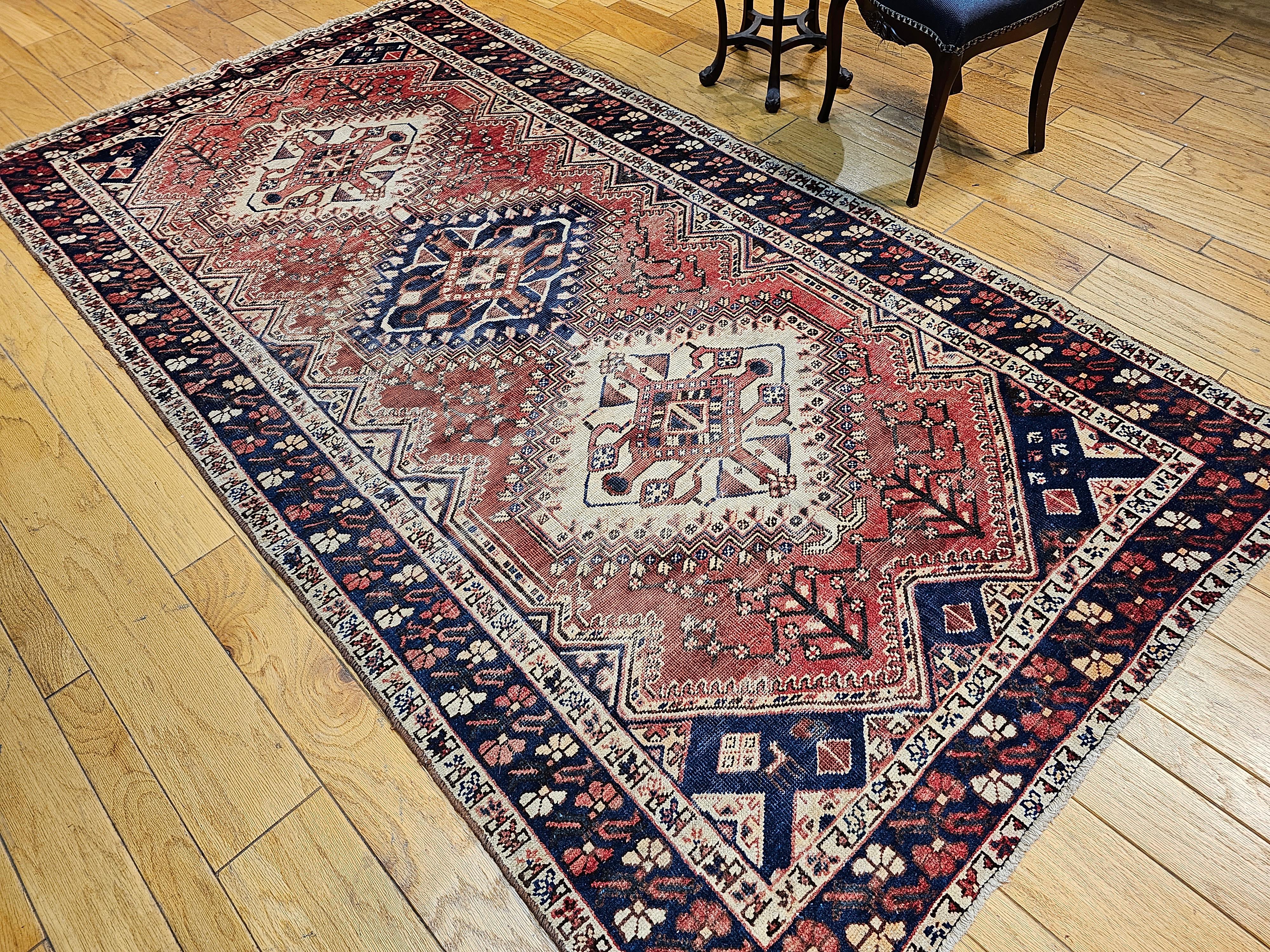 Vintage Persian Shiraz Tribal Area Rug in Rust Red, Ivory, Blue For Sale 2