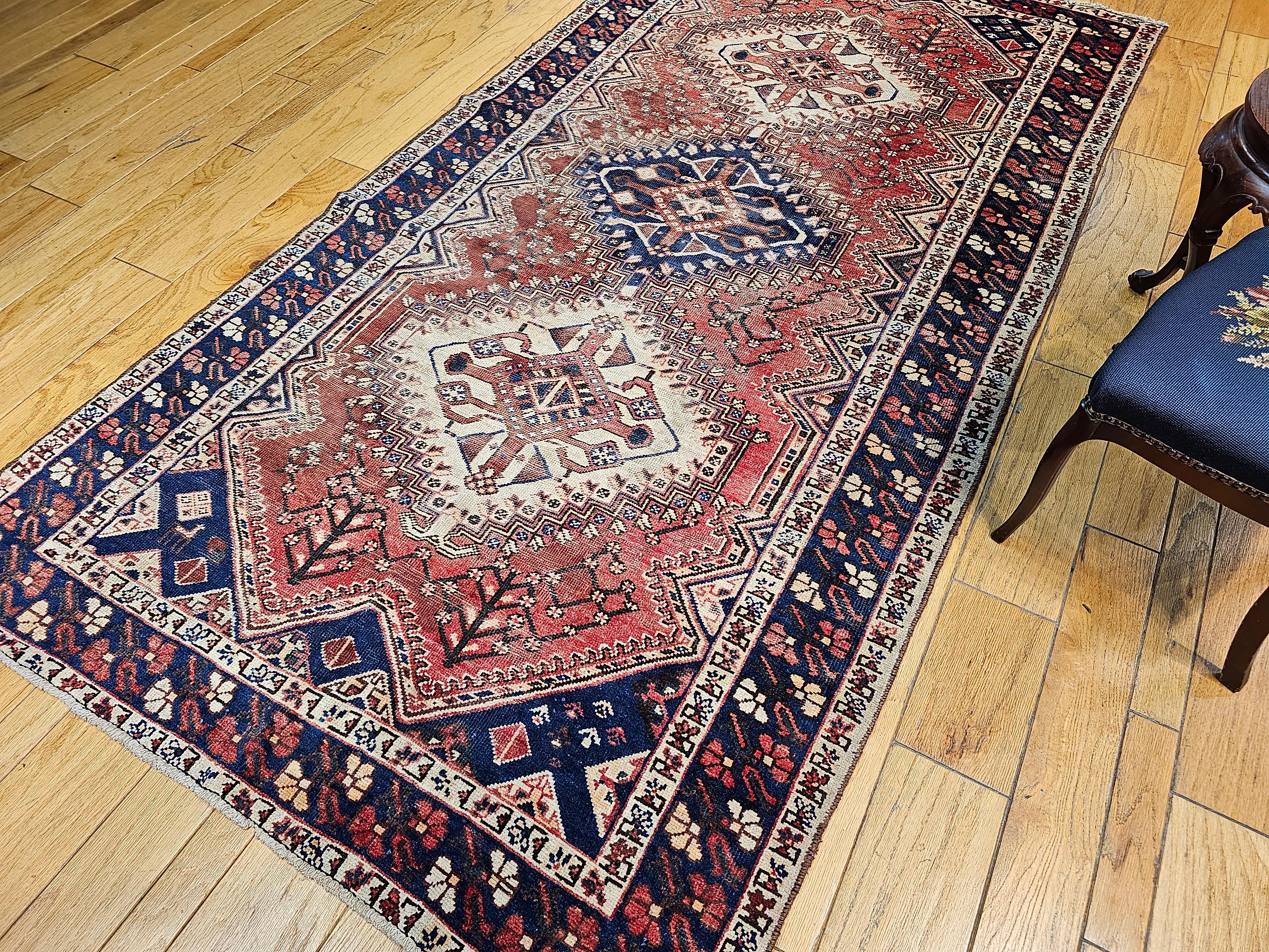 Vintage Persian Shiraz Tribal Area Rug in Rust Red, Ivory, Blue For Sale 3