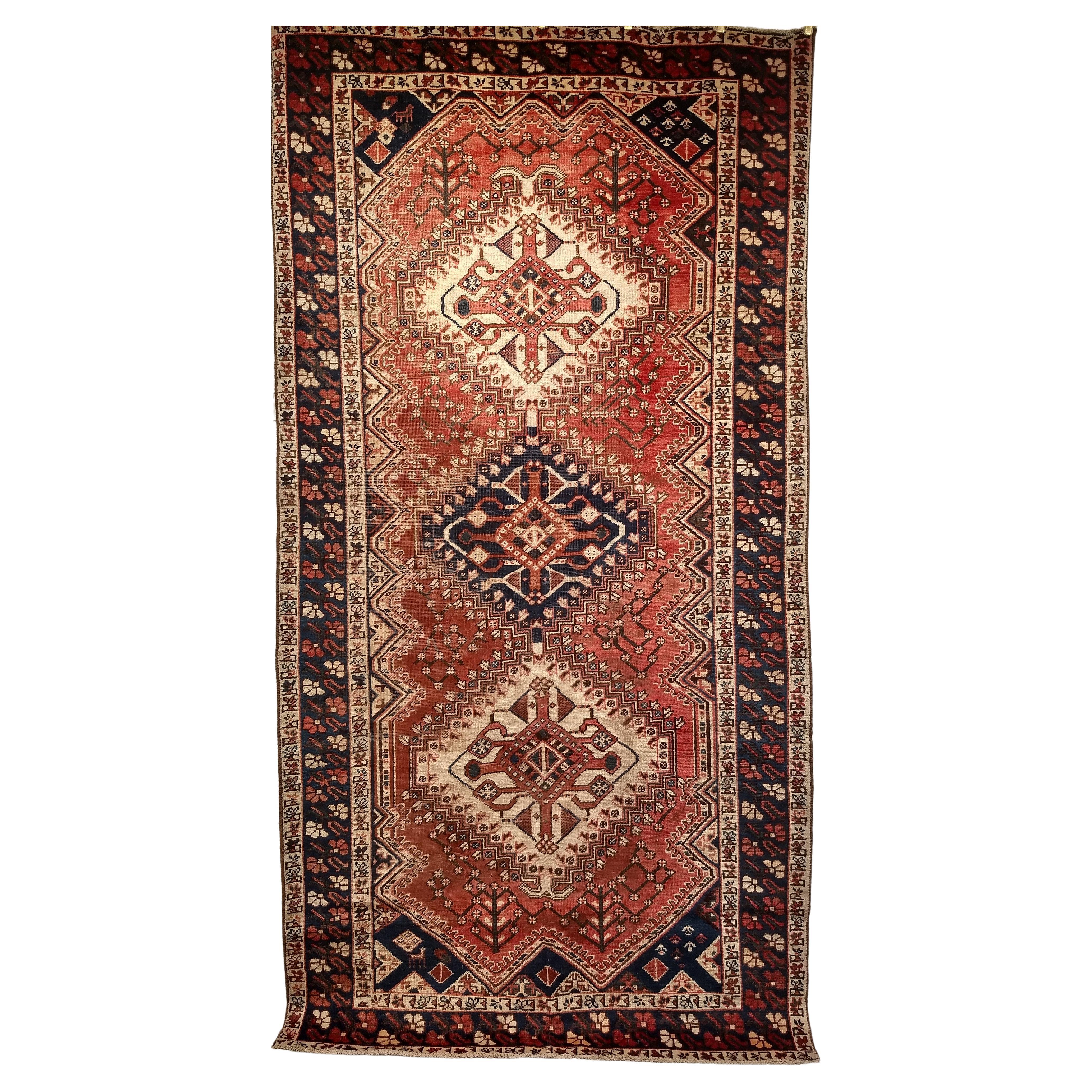 Vintage Persian Shiraz Tribal Area Rug in Rust Red, Ivory, Blue