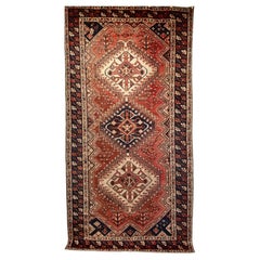 Antique Persian Shiraz Tribal Area Rug in Rust Red, Ivory, Blue