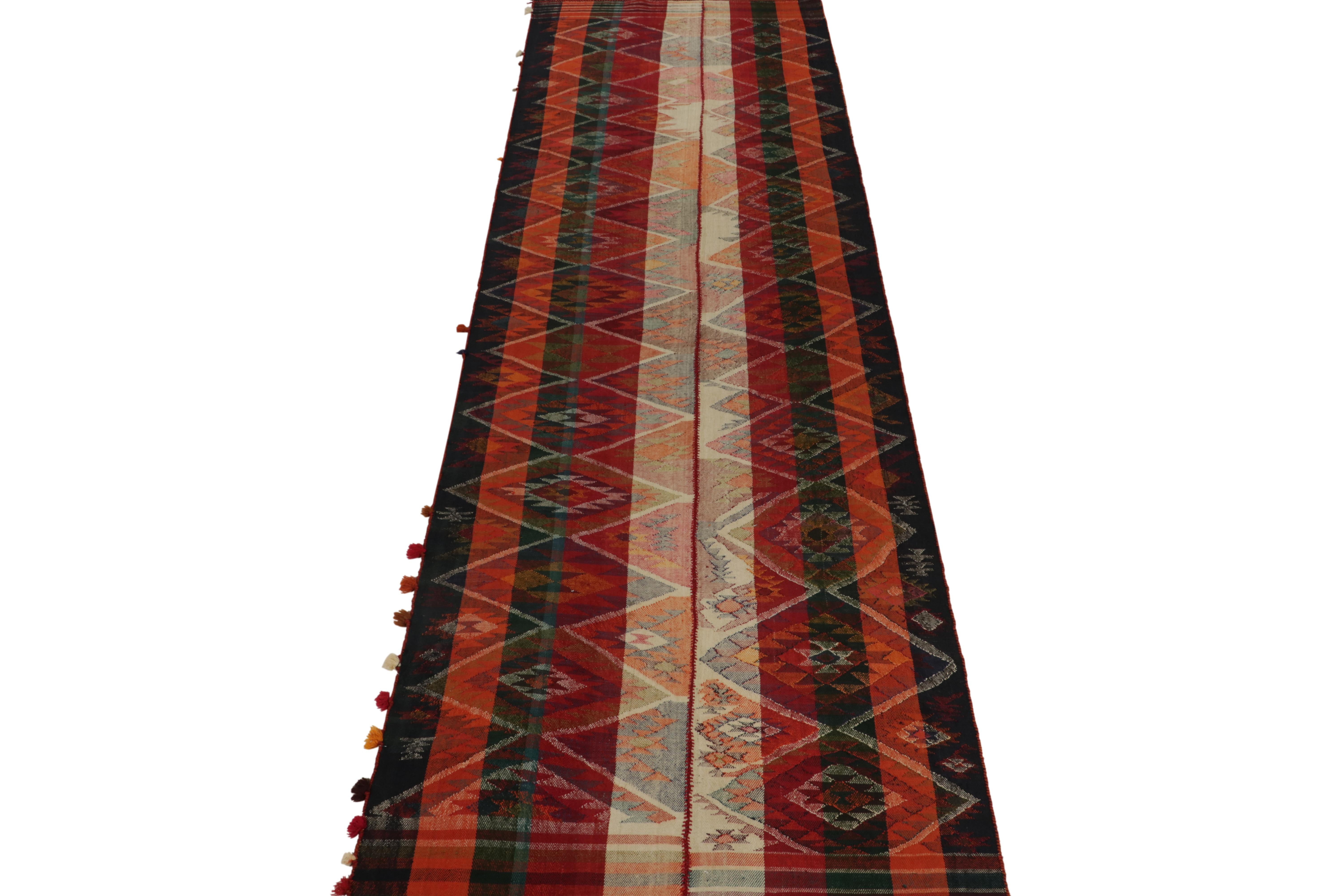 This vintage 4x15 Persian Shiraz kilim is a rare extra-long tribal gallery rug—handwoven in wool circa 1950-1960.

Further on the Design:

This flat weave is made in the panel-weaving technique, which combines two pieces like these into one large