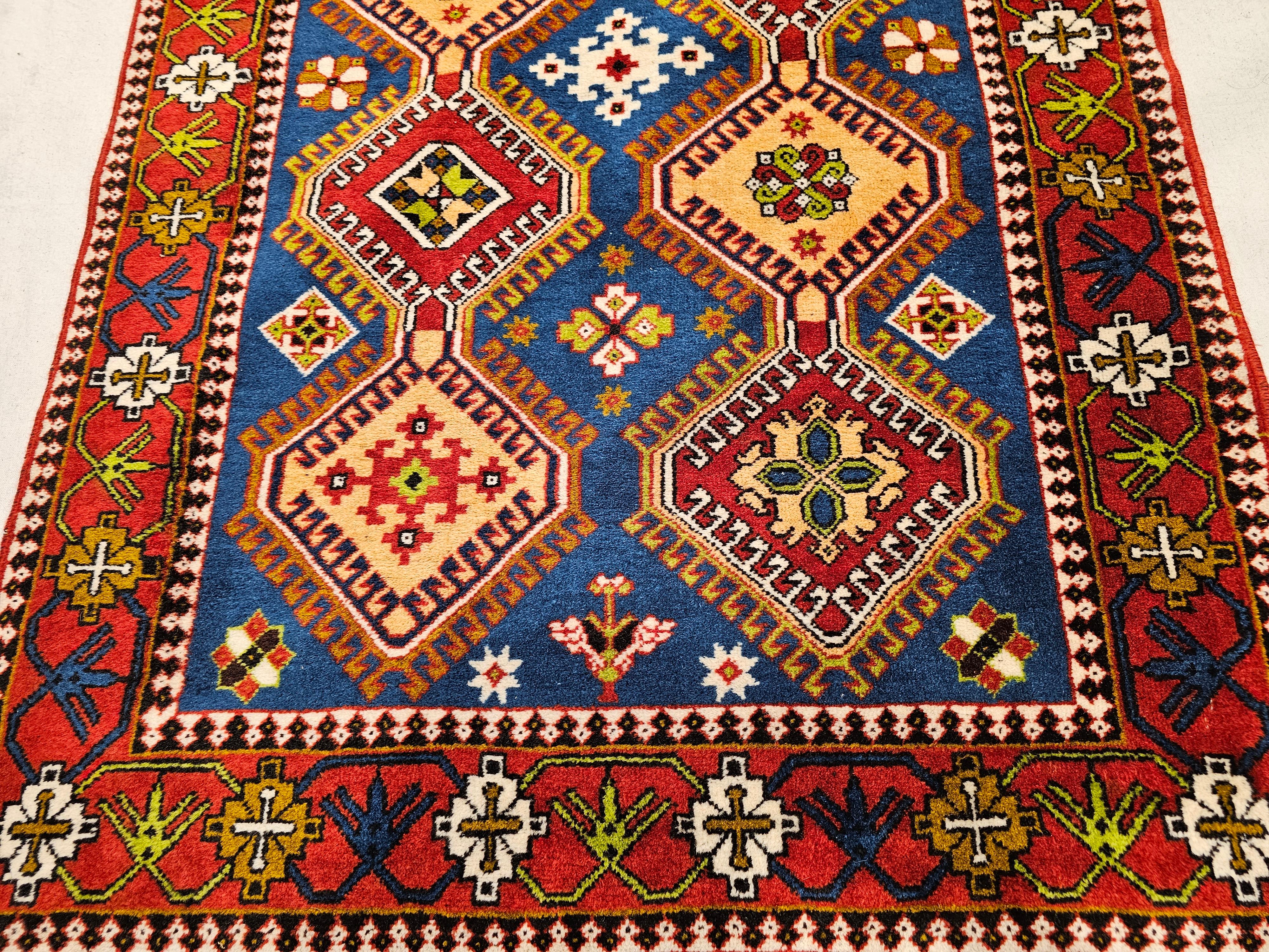 Vintage Persian Shiraz Tribal Rug in Allover Geometric Pattern in Blue, Red In Good Condition For Sale In Barrington, IL