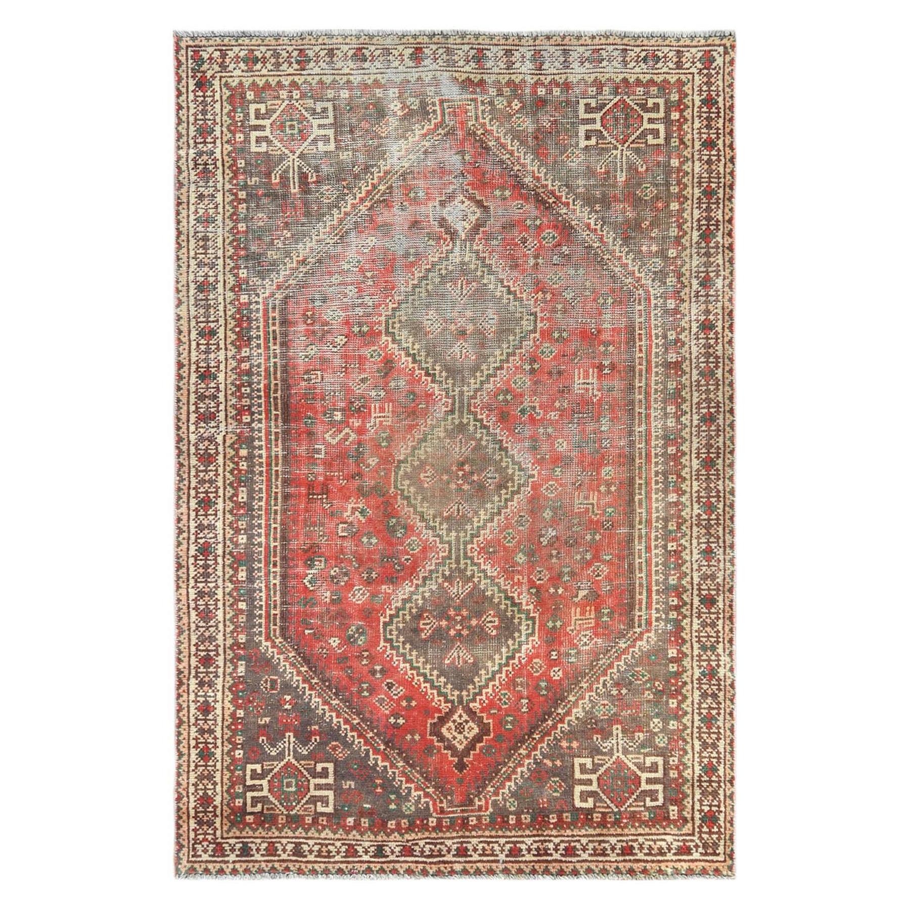 Vintage Persian Shiraz with Serrated Medallion Distressed Hand Knotted Wool Rug