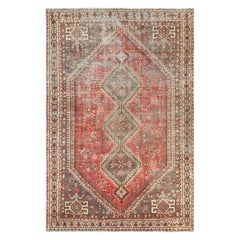 Retro Persian Shiraz with Serrated Medallion Distressed Hand Knotted Wool Rug