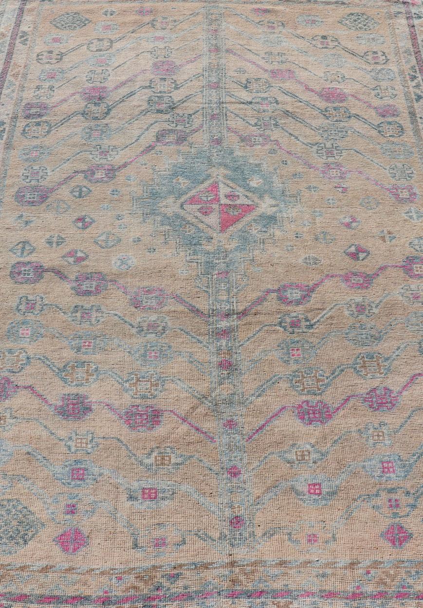 Vintage Persian Shiraz with Tribal Design in Soft Yellow, Pink, and Blue Gray 4