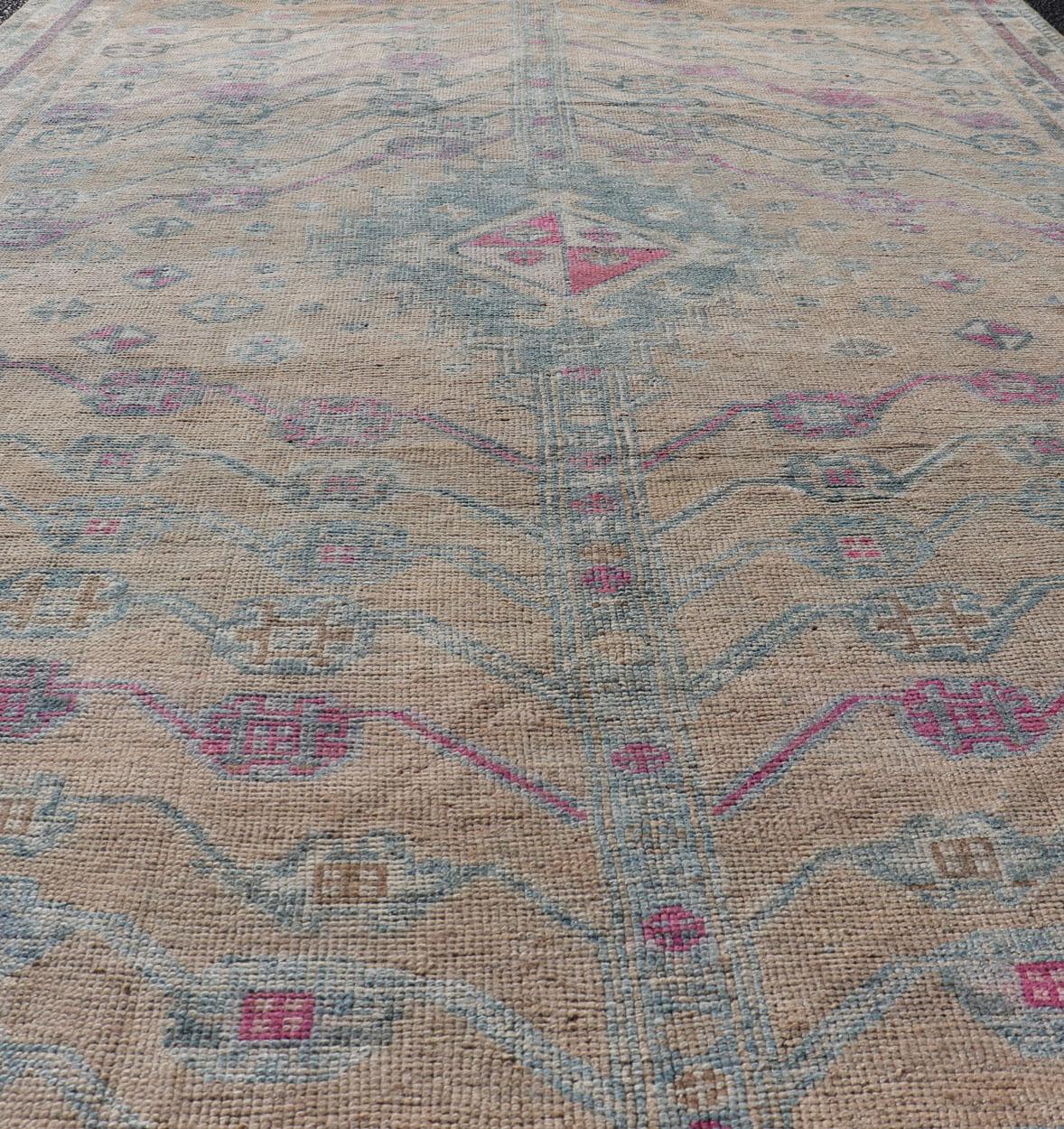 Vintage Persian Shiraz with Tribal Design in Soft Yellow, Pink, and Blue Gray 5