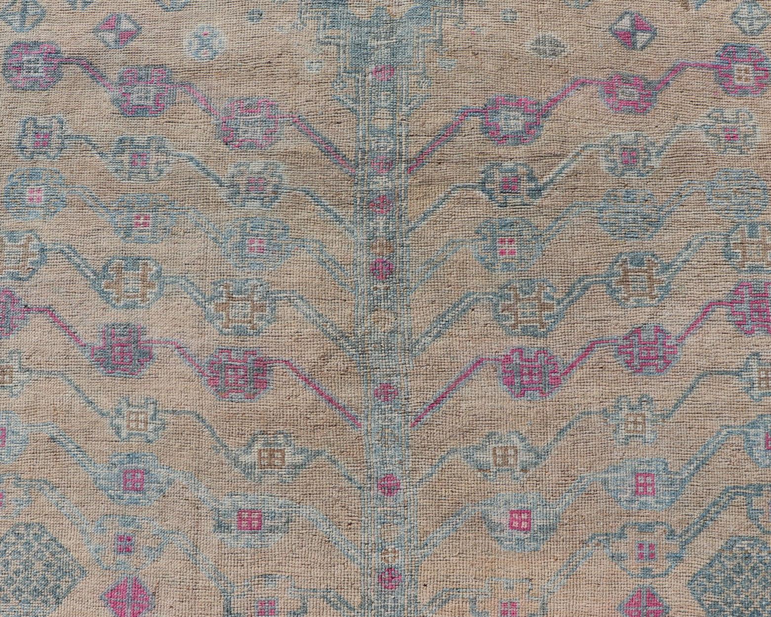 Hand-Knotted Vintage Persian Shiraz with Tribal Design in Soft Yellow, Pink, and Blue Gray