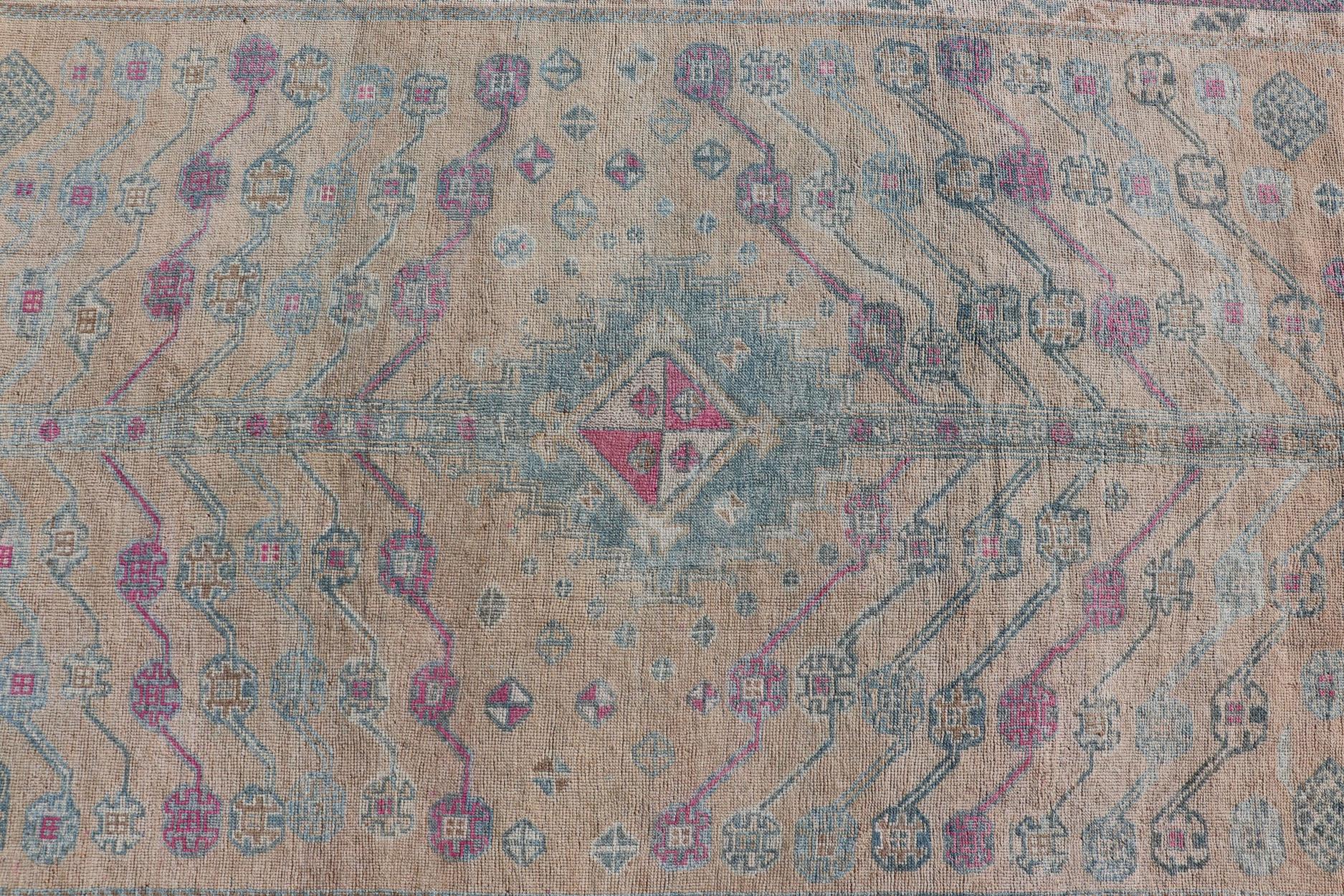 Vintage Persian Shiraz with Tribal Design in Soft Yellow, Pink, and Blue Gray In Good Condition In Atlanta, GA