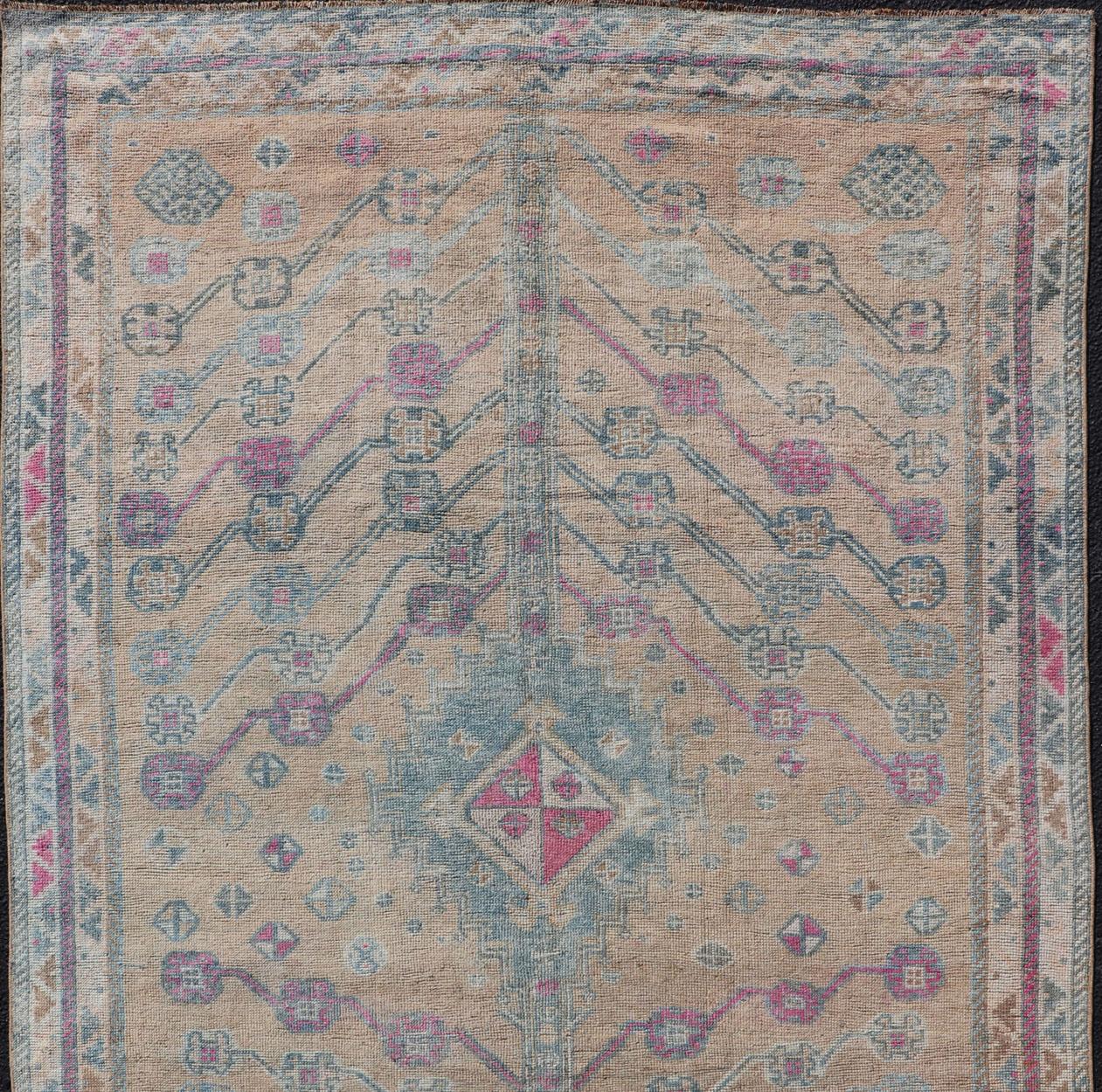 20th Century Vintage Persian Shiraz with Tribal Design in Soft Yellow, Pink, and Blue Gray