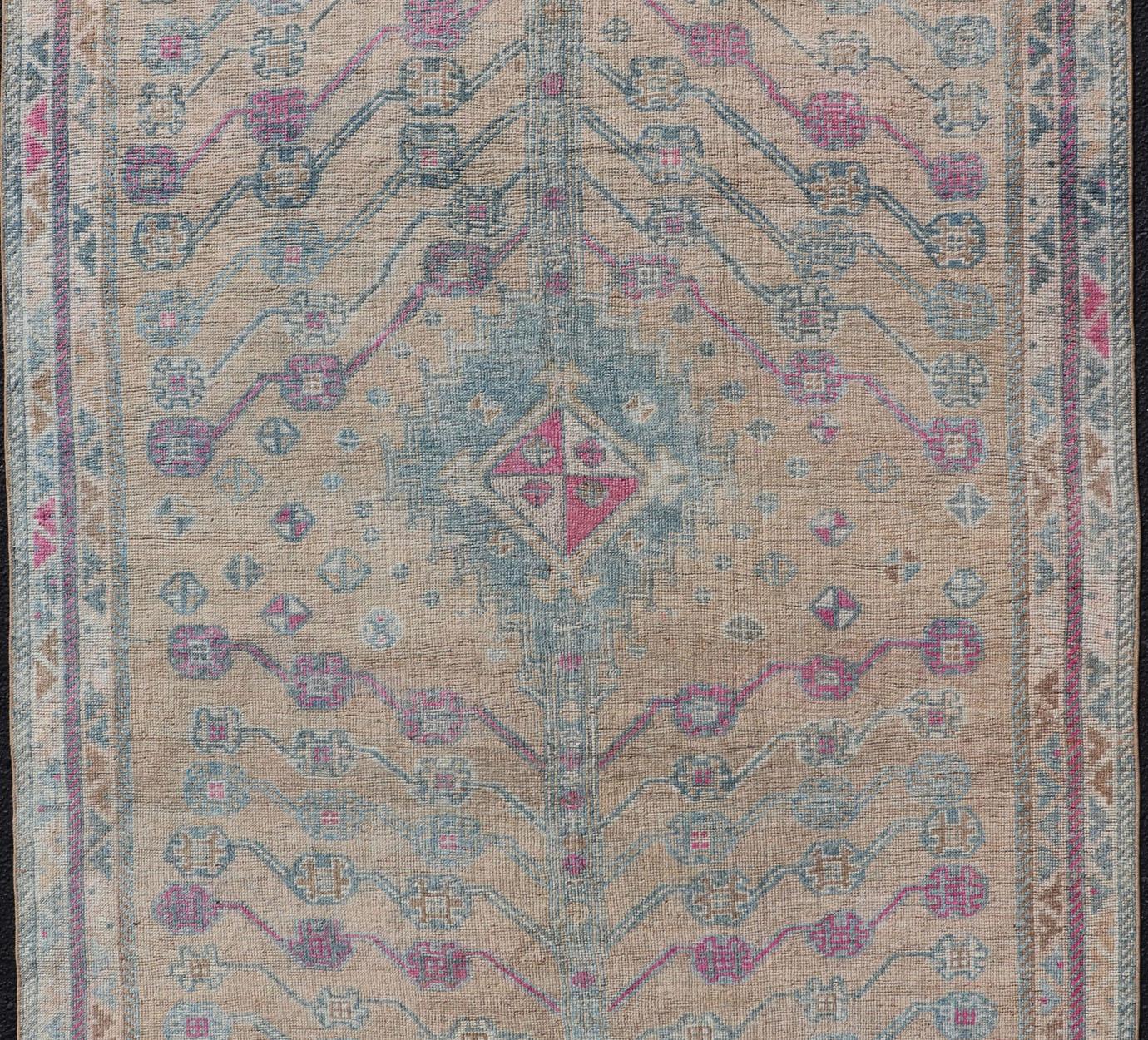 Wool Vintage Persian Shiraz with Tribal Design in Soft Yellow, Pink, and Blue Gray