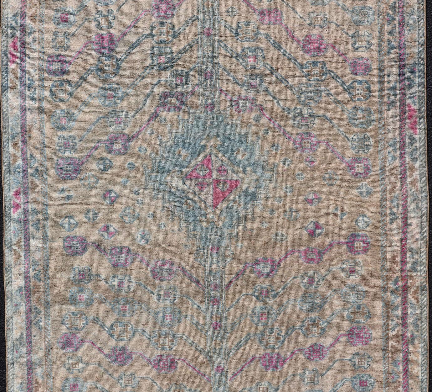 Wool Vintage Persian Shiraz with Tribal Design in Soft Yellow, Pink, and Blue Gray For Sale