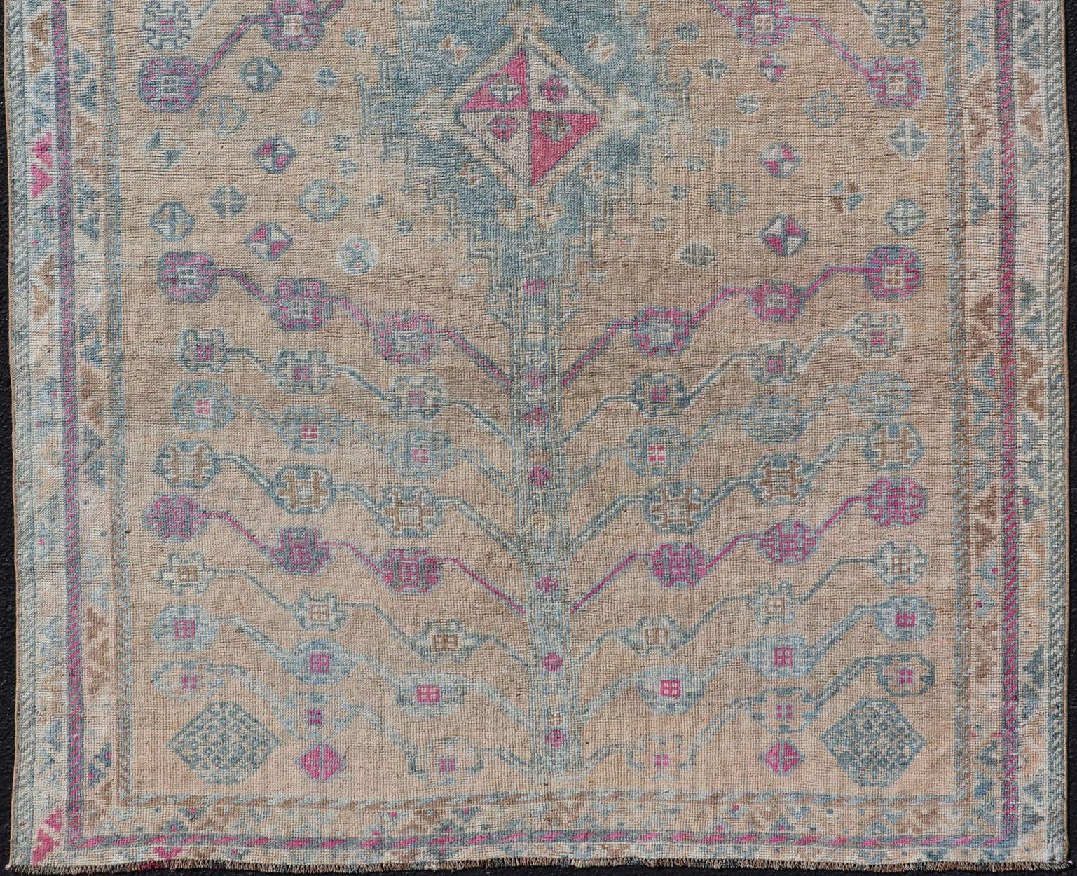 Vintage Persian Shiraz with Tribal Design in Soft Yellow, Pink, and Blue Gray 1