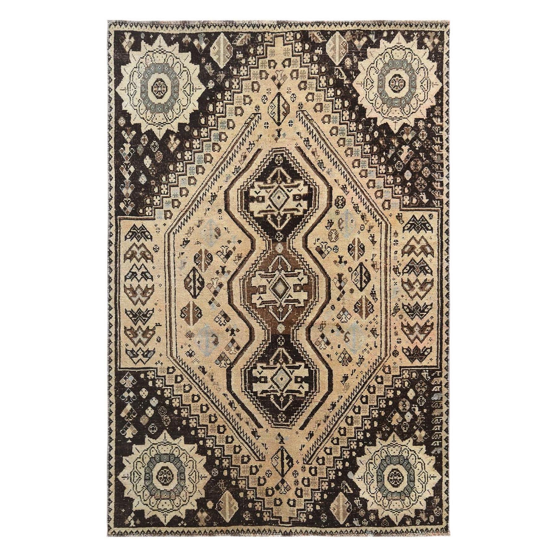 Vintage Persian Shiraz with Triple Medallion Worn Down Hand Knotted Wool Rug For Sale