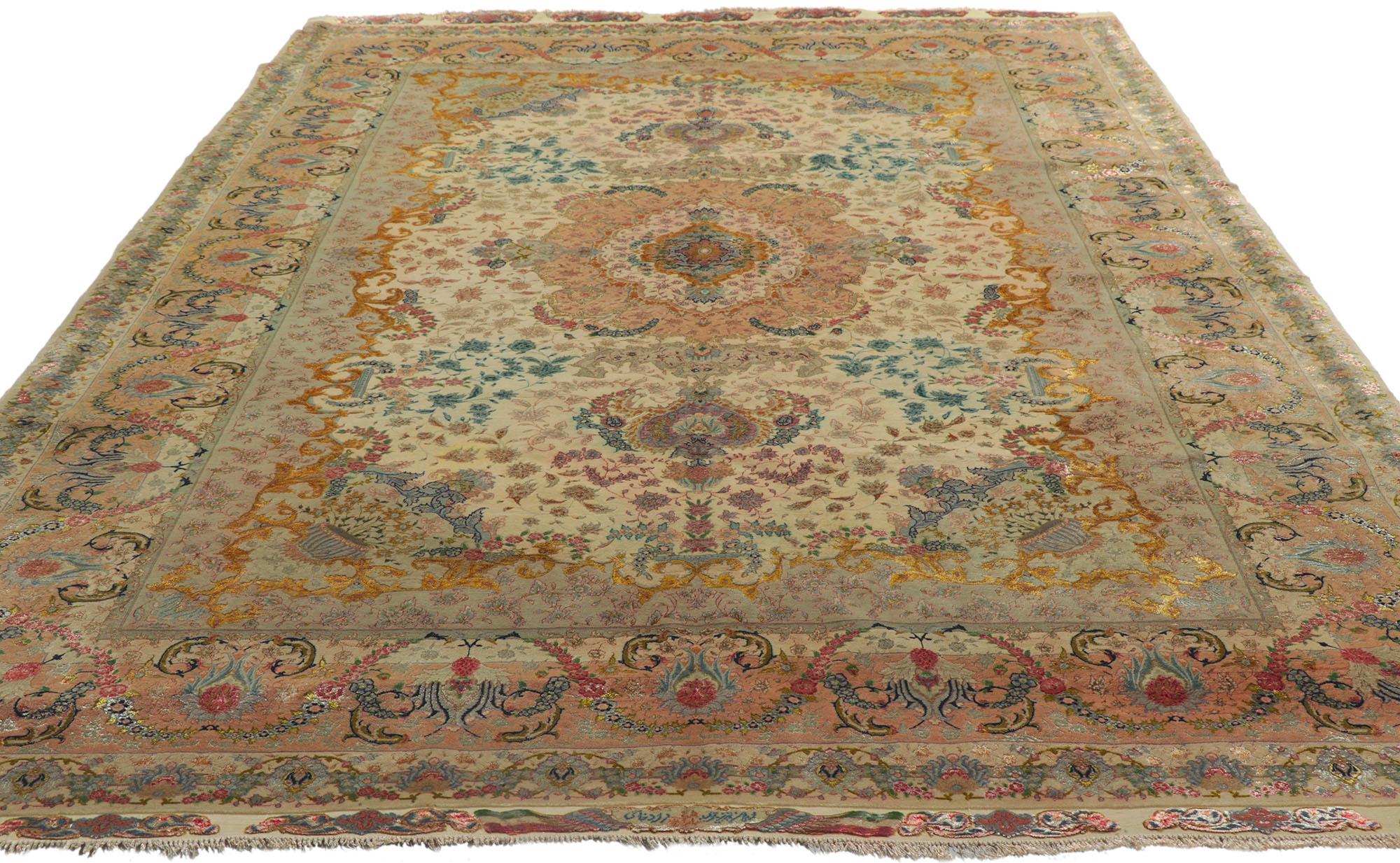 Rococo 1970s Signed Vintage Pastel Persian Shirfar Tabriz Wool and Fine Silk Rug For Sale