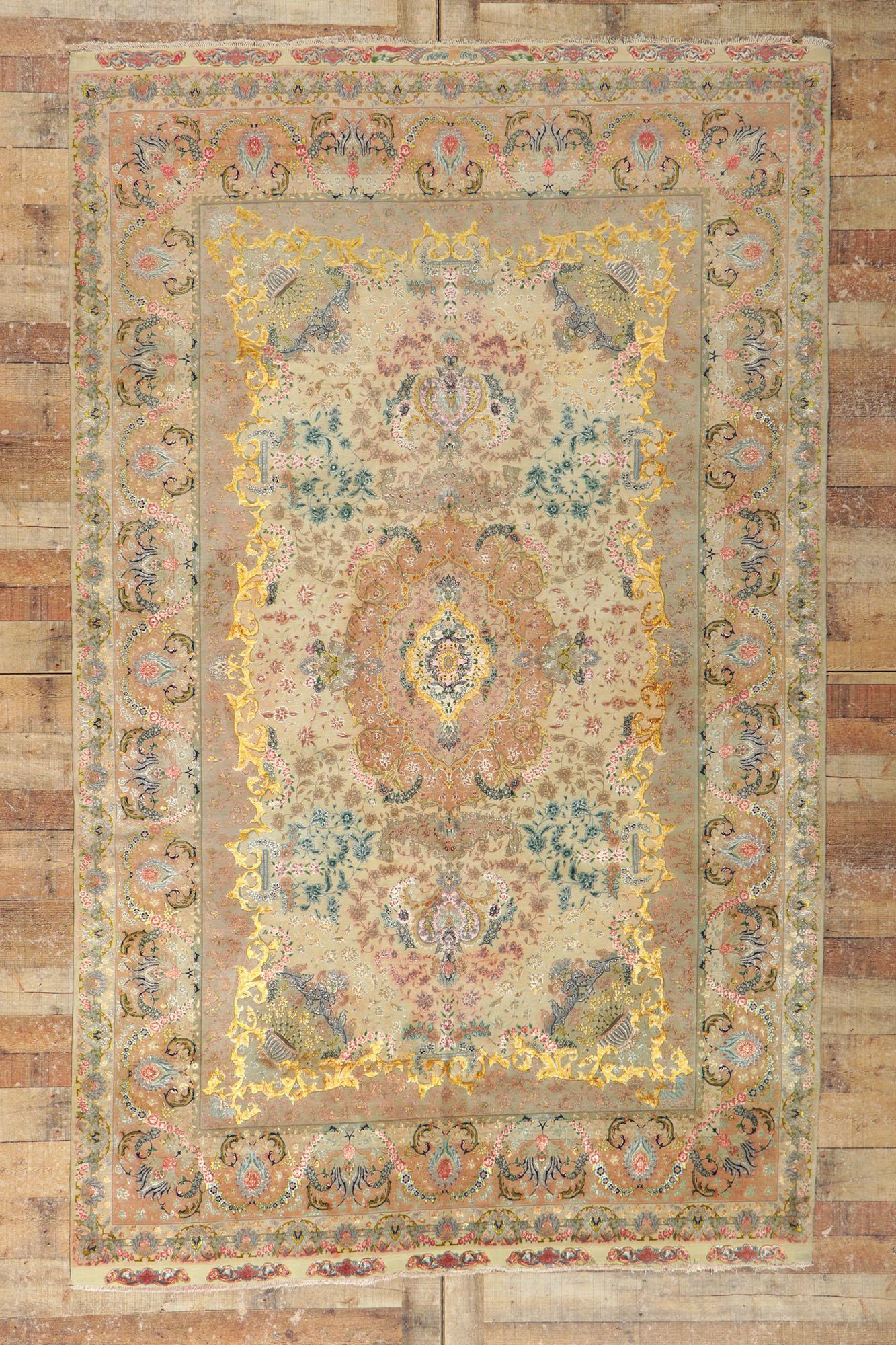 20th Century 1970s Signed Vintage Pastel Persian Shirfar Tabriz Wool and Fine Silk Rug For Sale