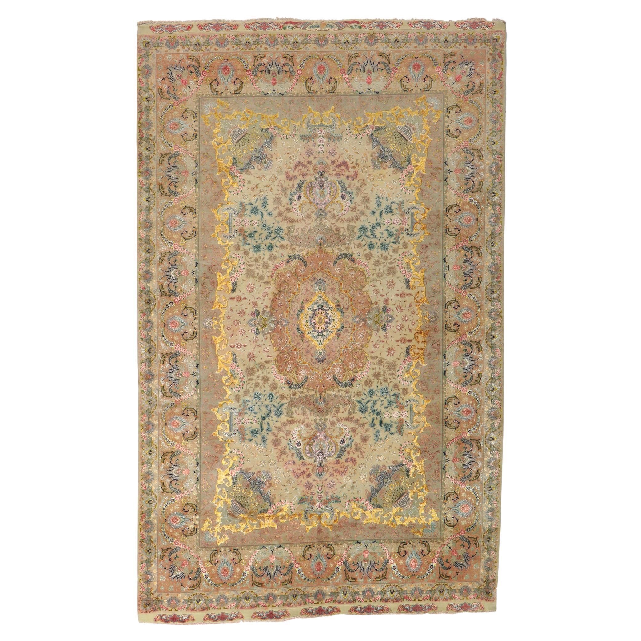 Pastellfarbener persischer Shirfar-Tabriz-Teppich aus Wolle und feiner Seide, 1970er Jahre, signiert, Vintage