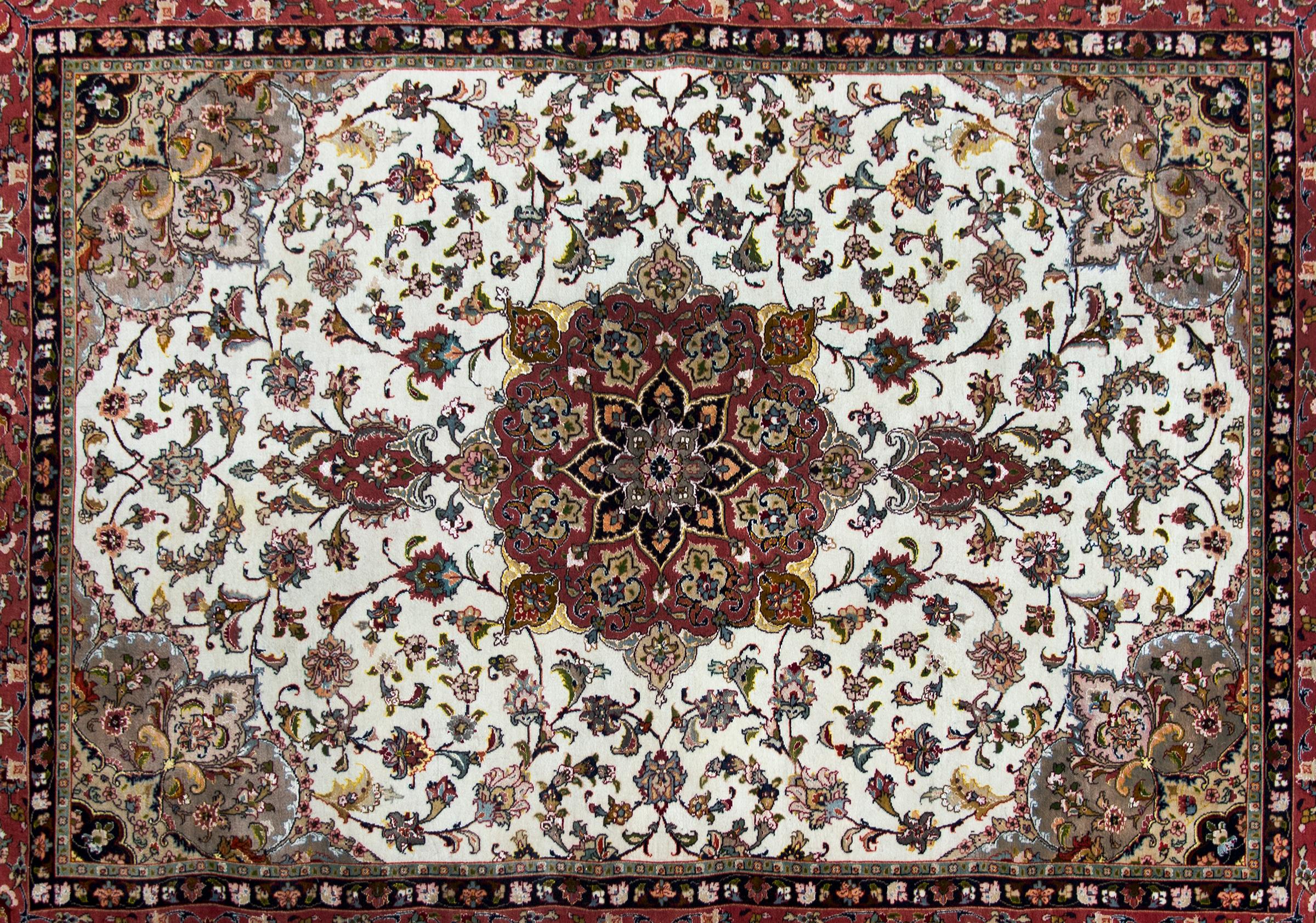 Hand-Knotted Vintage Persian Silk and Wool Tabriz Rug For Sale