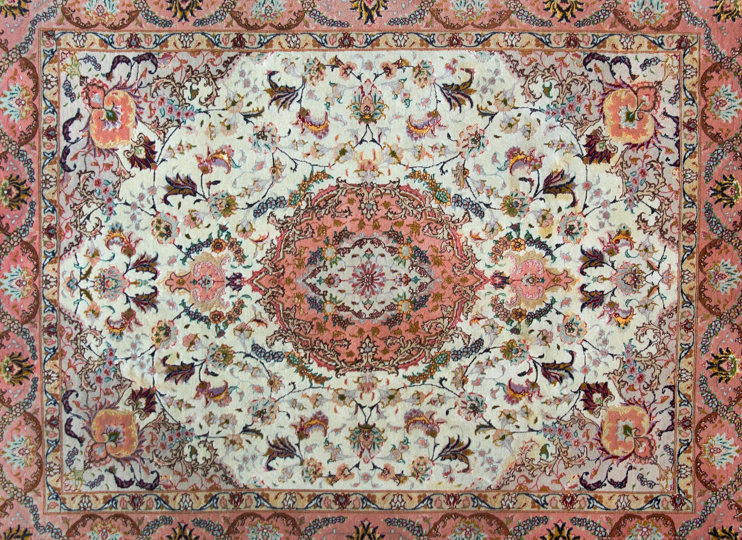 Hand-Knotted Vintage Persian Silk and Wool Tabriz Rug For Sale