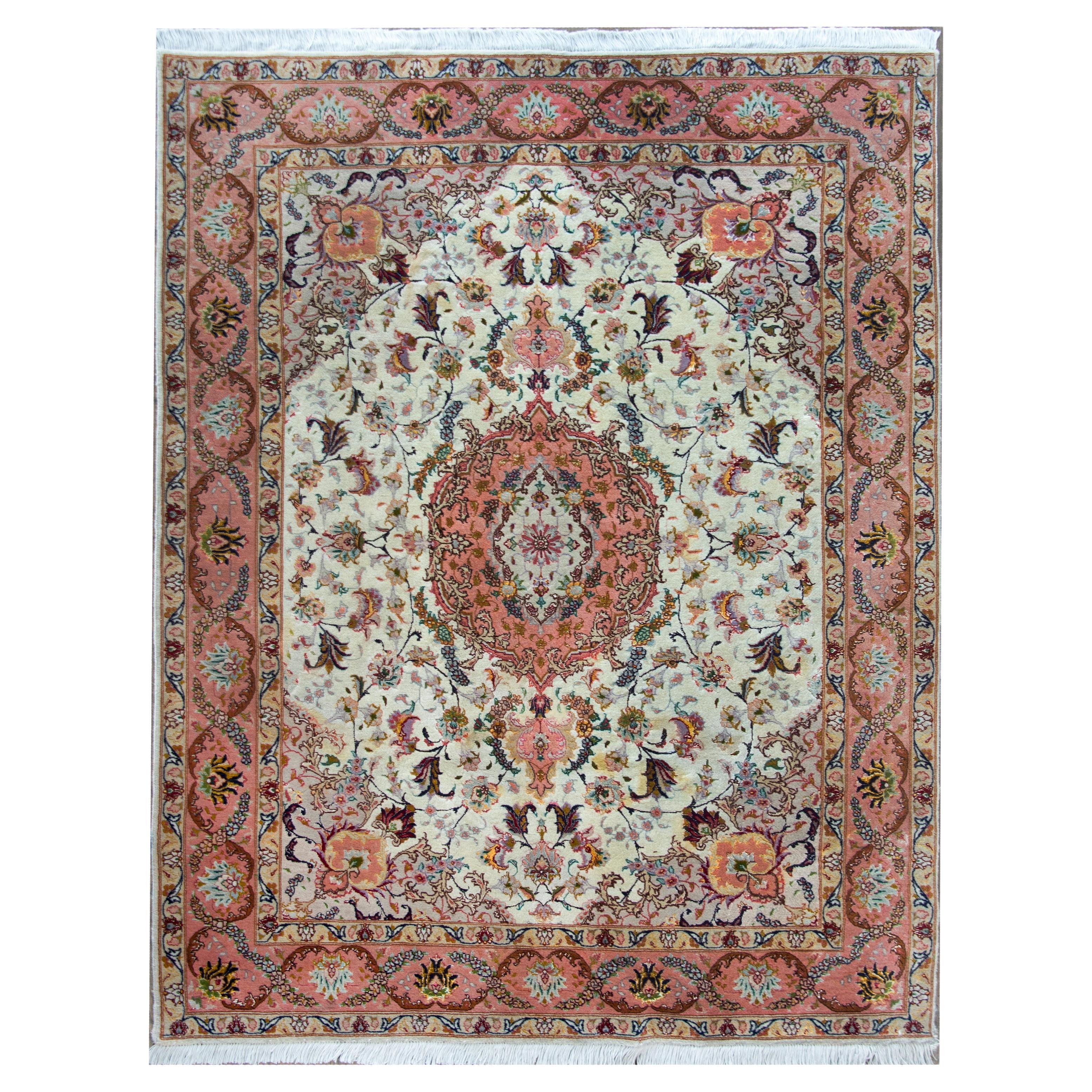 Vintage Persian Silk and Wool Tabriz Rug For Sale