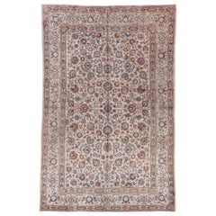 Vintage Persian Silk Kashan Carpet, All-Over Field, Ivory Field