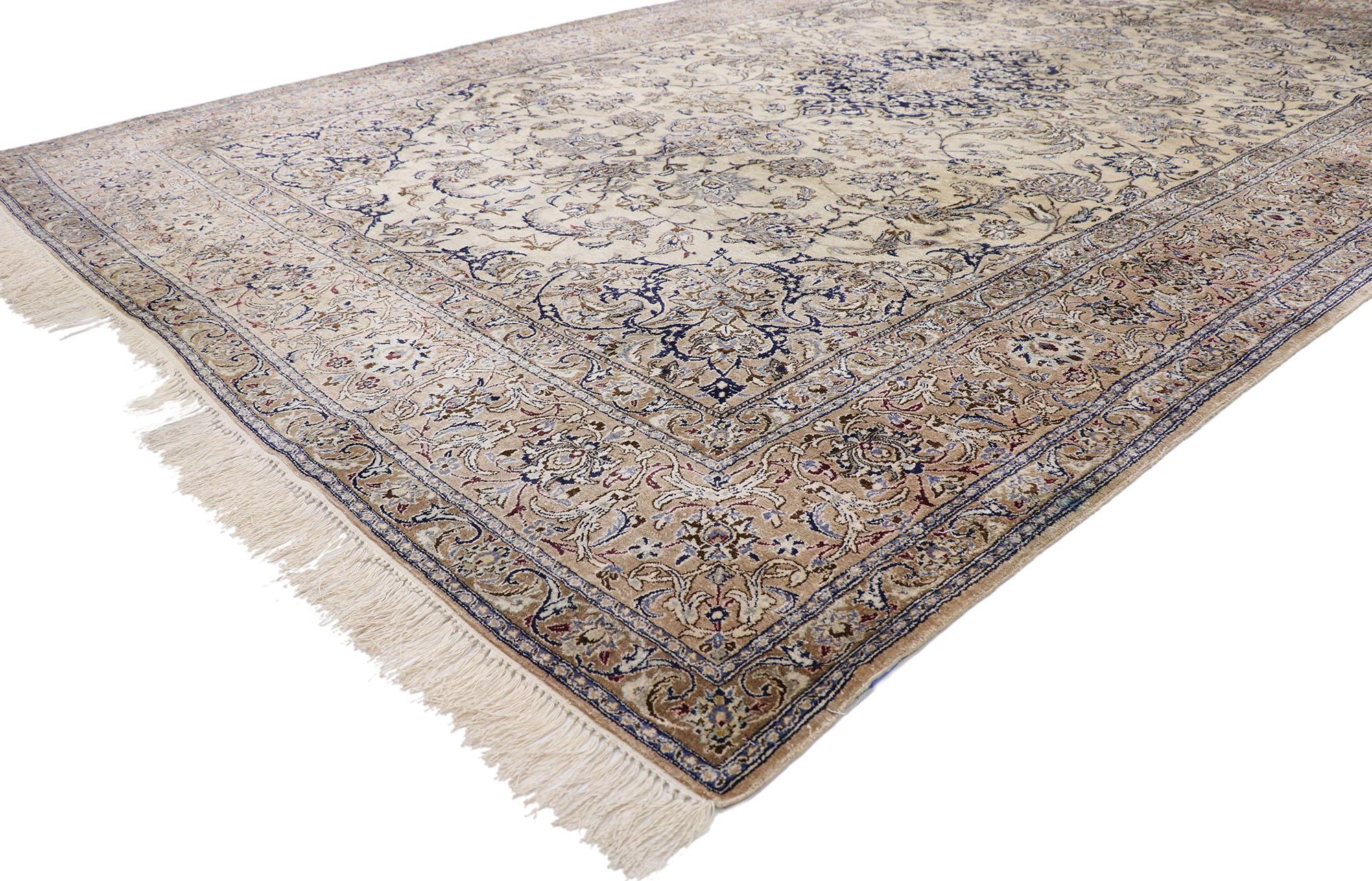 77663 Vintage Persian Silk Nain rug with French Cottage Style 06'07 x 10'01. Characterized by the cozy simplicity of French cottage style and romantic connotations, this hand-knotted silk vintage Persian Nain rug is poised to impress. An