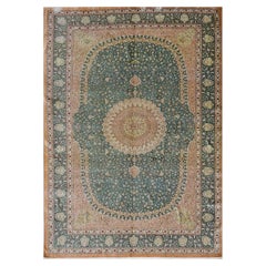 Vintage Persian Silk Qum 6x9 Teal, Ivory & Red Handmade Area Rug