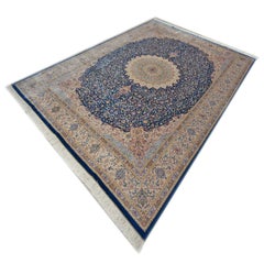 Vintage Persian Silk Qum 8x11 Ivory, Blue & Red Handmade Area Rug