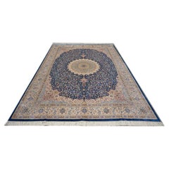 Vintage Persische Seide Qum 8x11 Elfenbein, Blau & Rot Handgefertigt Bereich Teppich