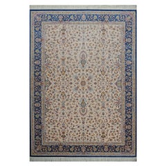 Vintage Persian Silk Qum 8x11 Ivory, Cream & Blue Handmade Area Rug