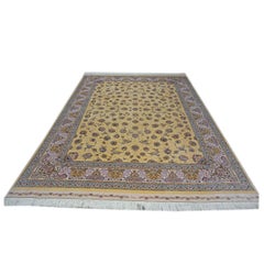 Vintage Persian Silk Qum 8x11 Wheat, Blue & Ivory Handmade Area Rug