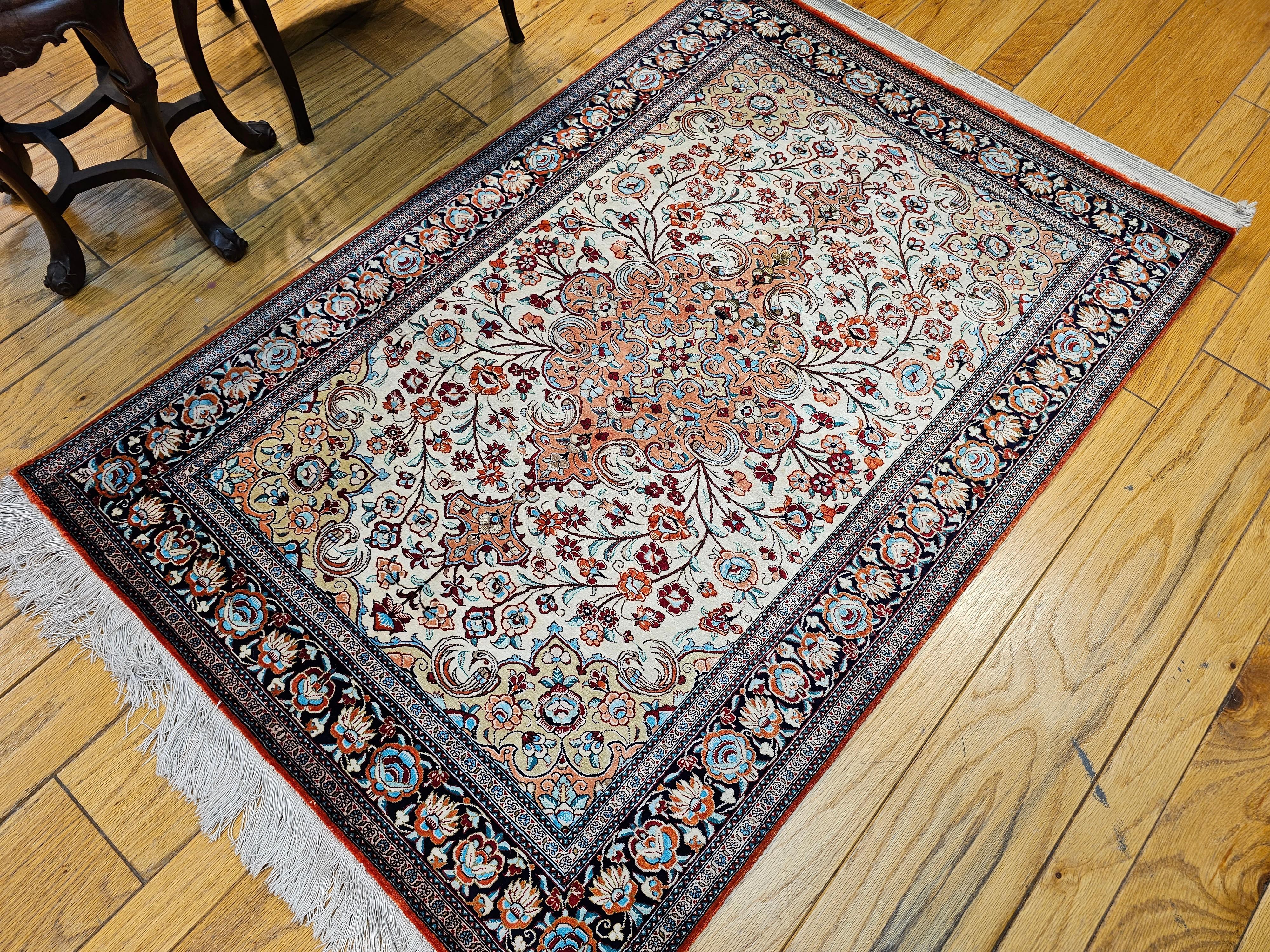 Vintage Persian Silk Qum Area Rug in Floral Pattern in Ivory, Rust, Camel, Navy For Sale 9