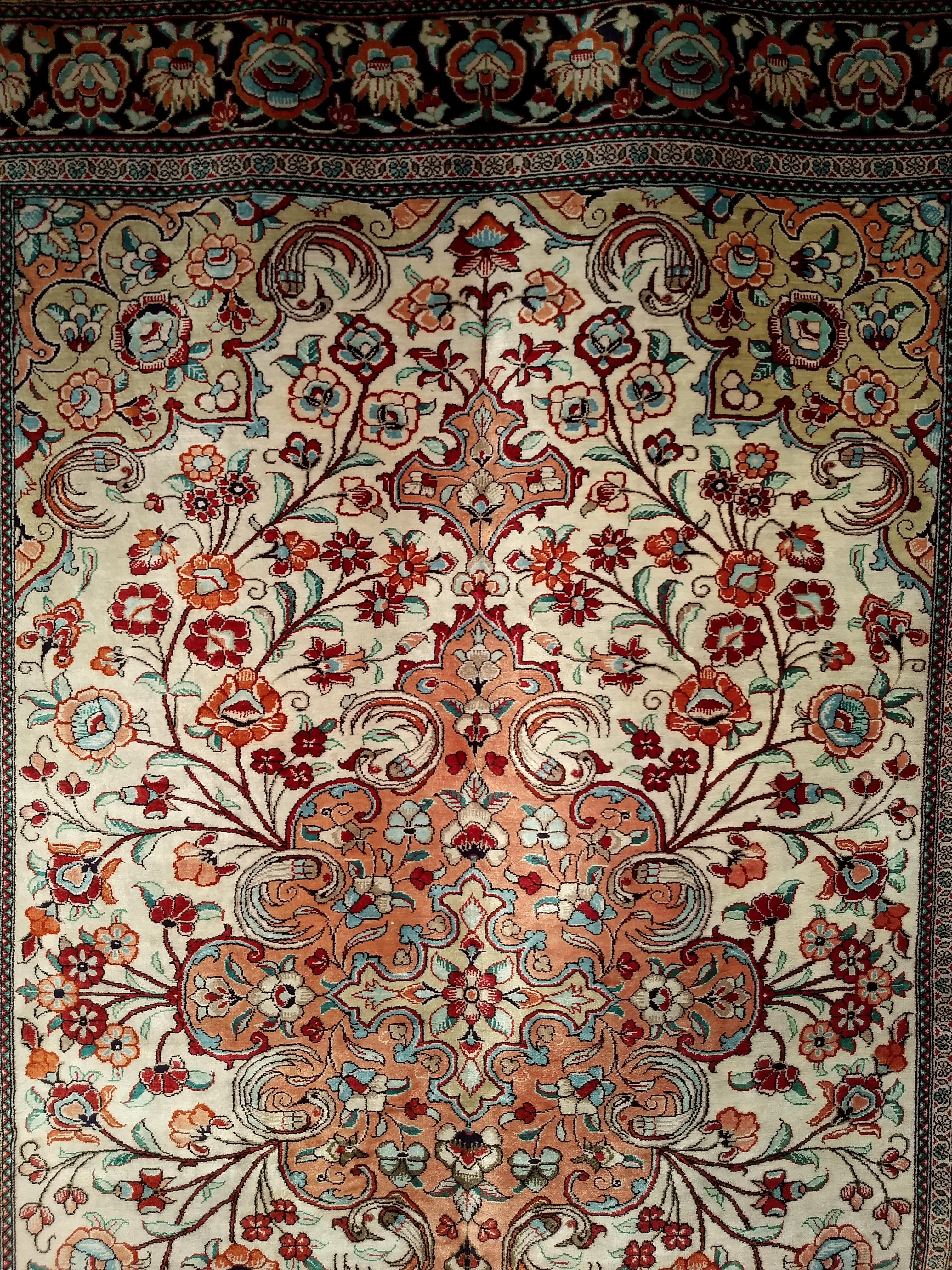 Vintage Persian Silk Qum Area Rug in Floral Pattern in Ivory, Rust, Camel, Navy In Good Condition For Sale In Barrington, IL