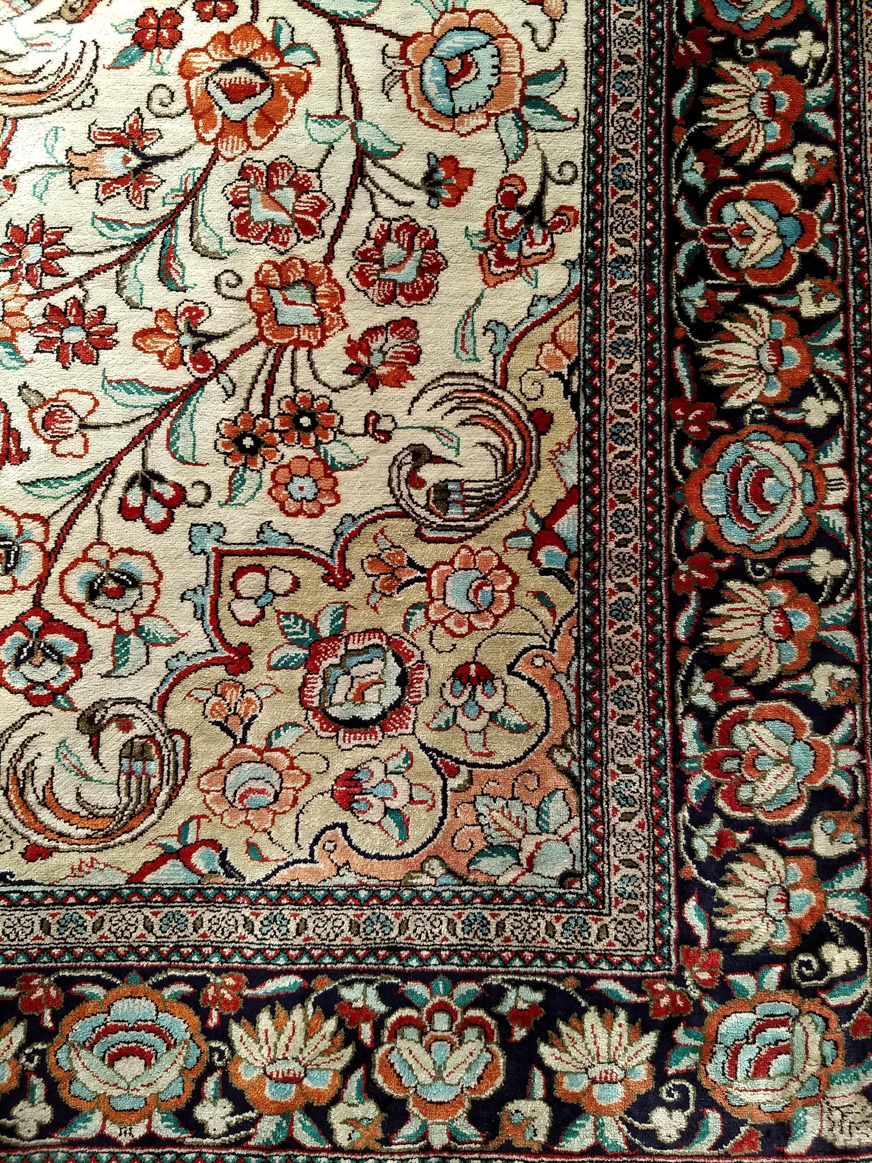 20th Century Vintage Persian Silk Qum Area Rug in Floral Pattern in Ivory, Rust, Camel, Navy For Sale