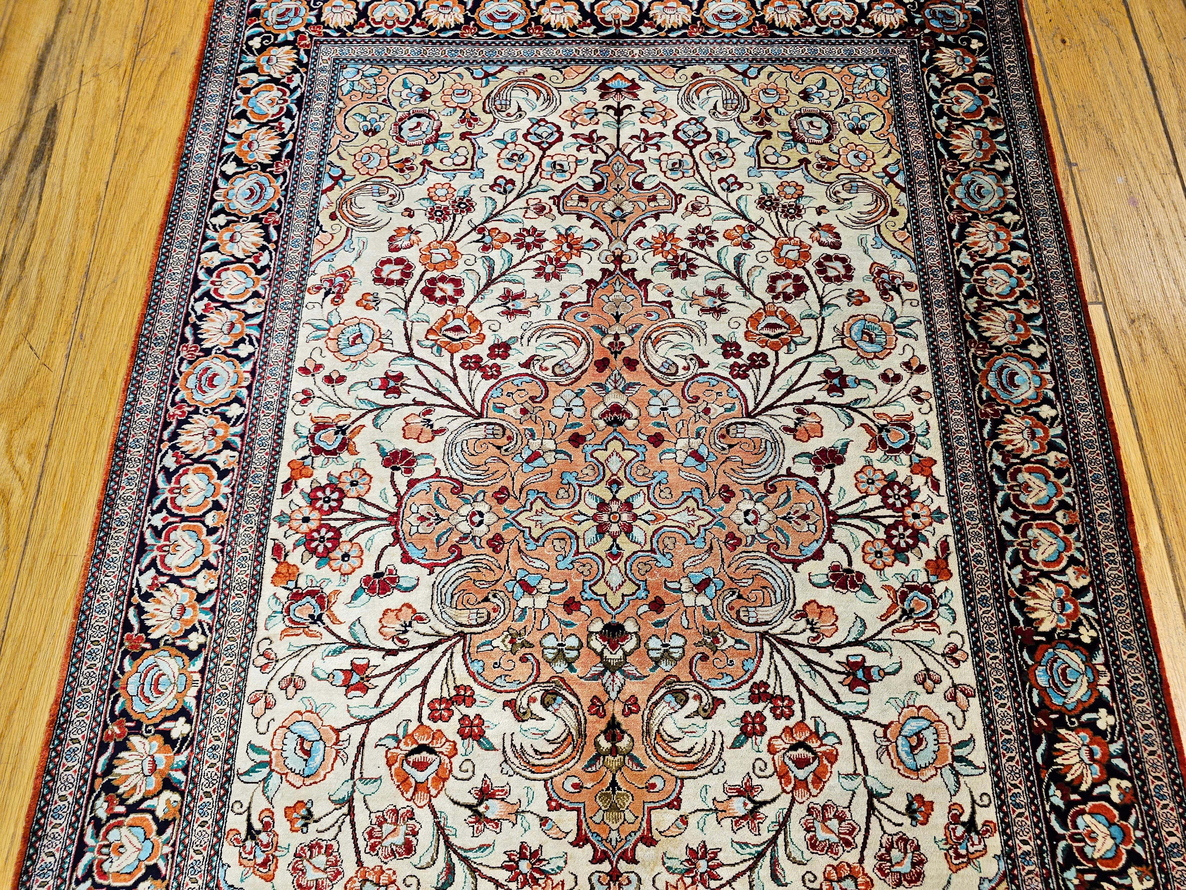 Vintage Persian Silk Qum Area Rug in Floral Pattern in Ivory, Rust, Camel, Navy For Sale 2