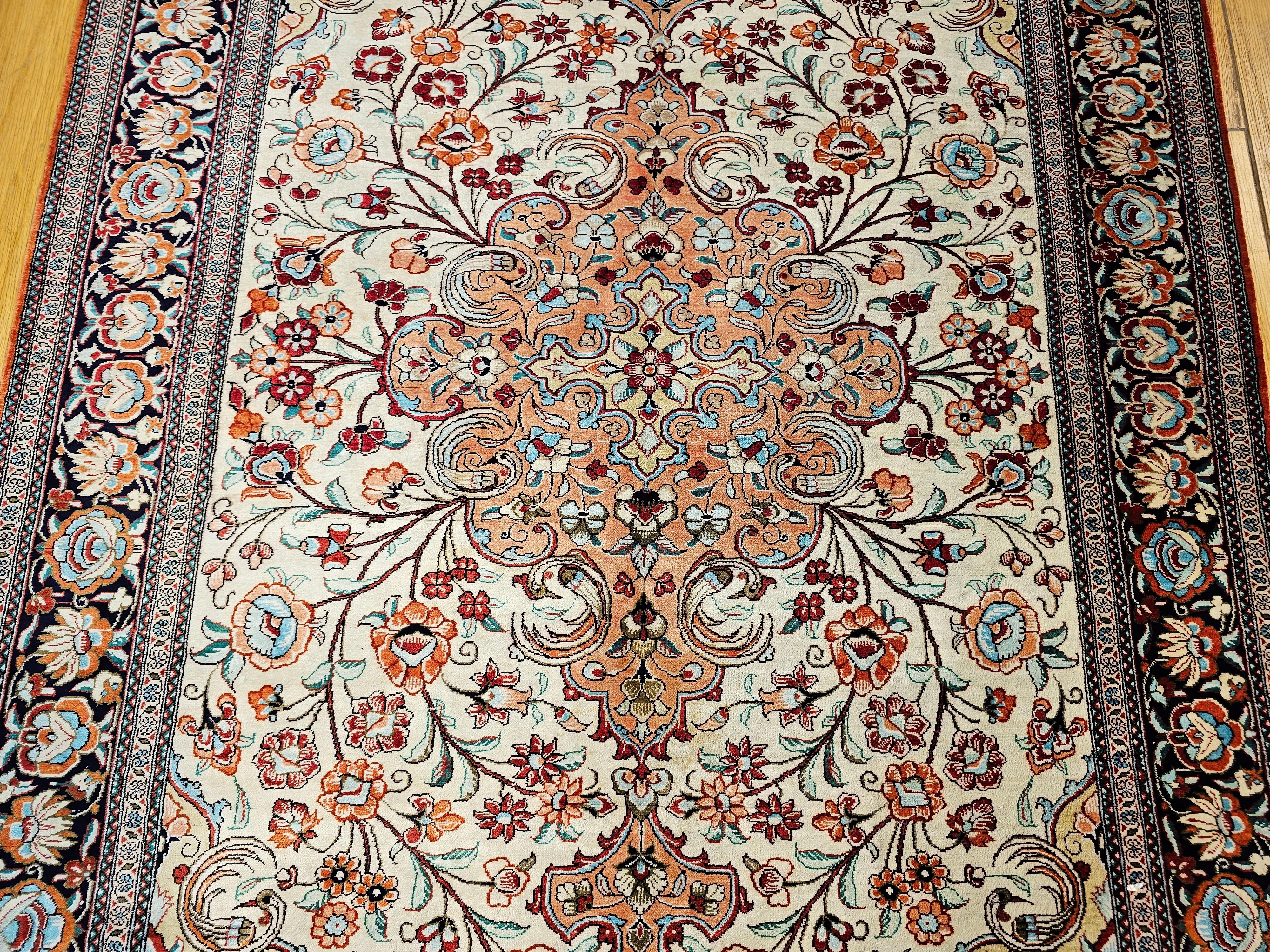 Vintage Persian Silk Qum Area Rug in Floral Pattern in Ivory, Rust, Camel, Navy For Sale 3