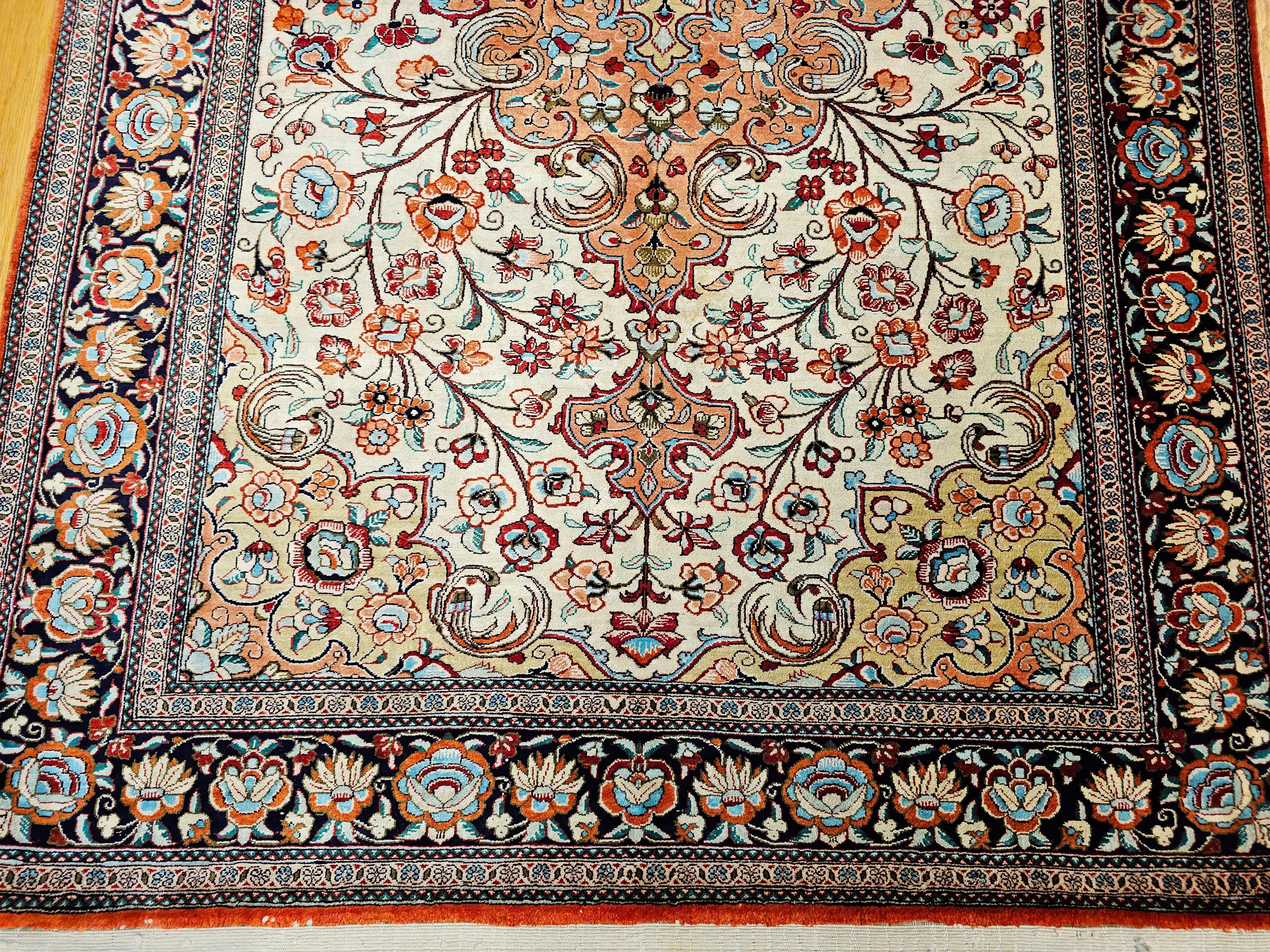 Vintage Persian Silk Qum Area Rug in Floral Pattern in Ivory, Rust, Camel, Navy For Sale 4