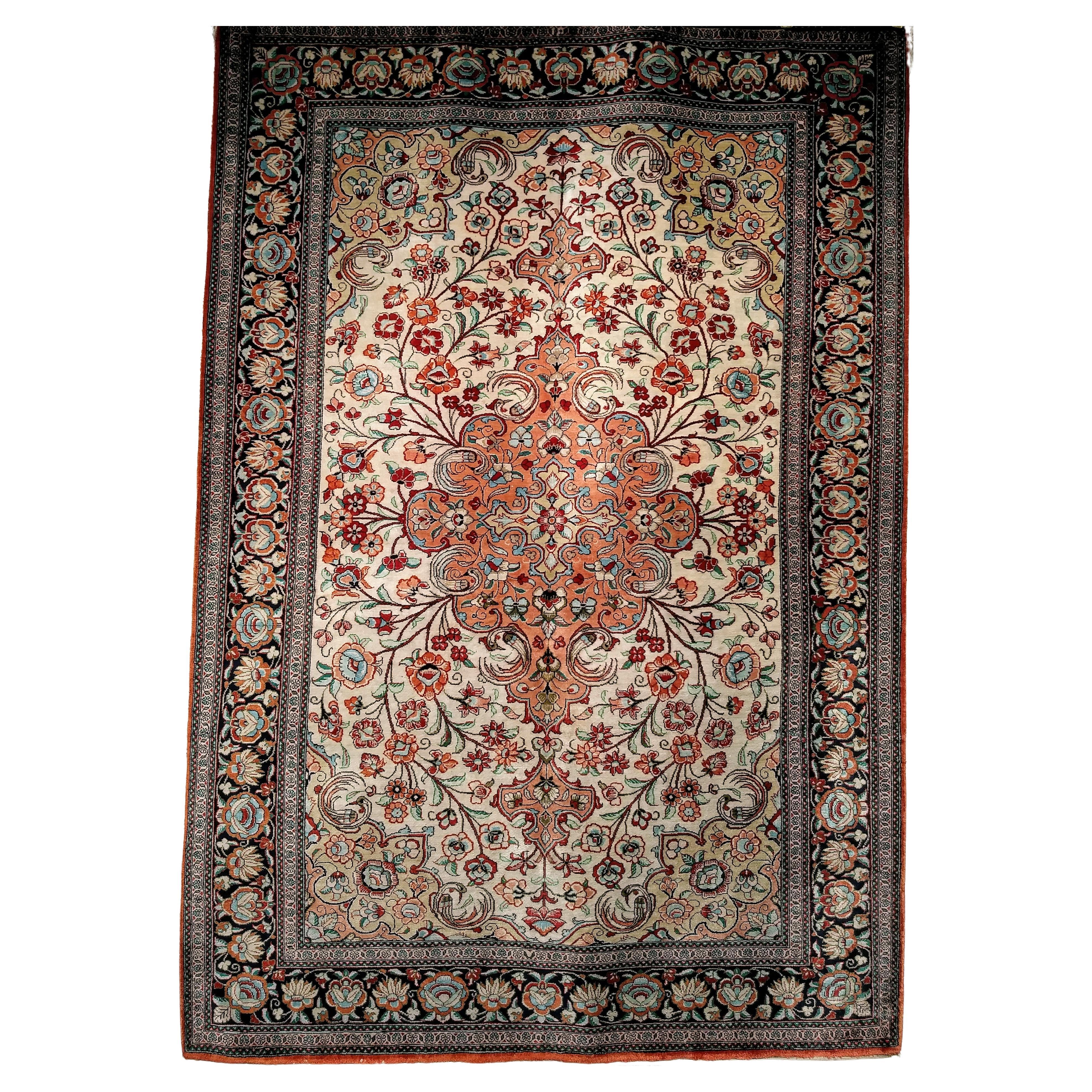 Vintage Persian Silk Qum Area Rug in Floral Pattern in Ivory, Rust, Camel, Navy