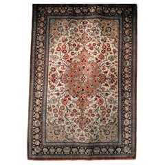 Retro Persian Silk Qum Area Rug in Floral Pattern in Ivory, Rust, Camel, Navy