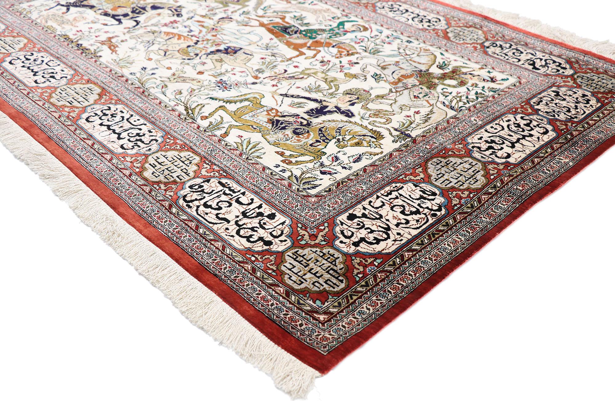 77865 Vintage Persian Silk Qum Hunting rug with Medieval Style 03'04 x 05'00. Drawing inspiration from King Henry VI of England and Medieval style, this hand knotted wool vintage Persian Qum rug features a lively pictorial hunting scene against a