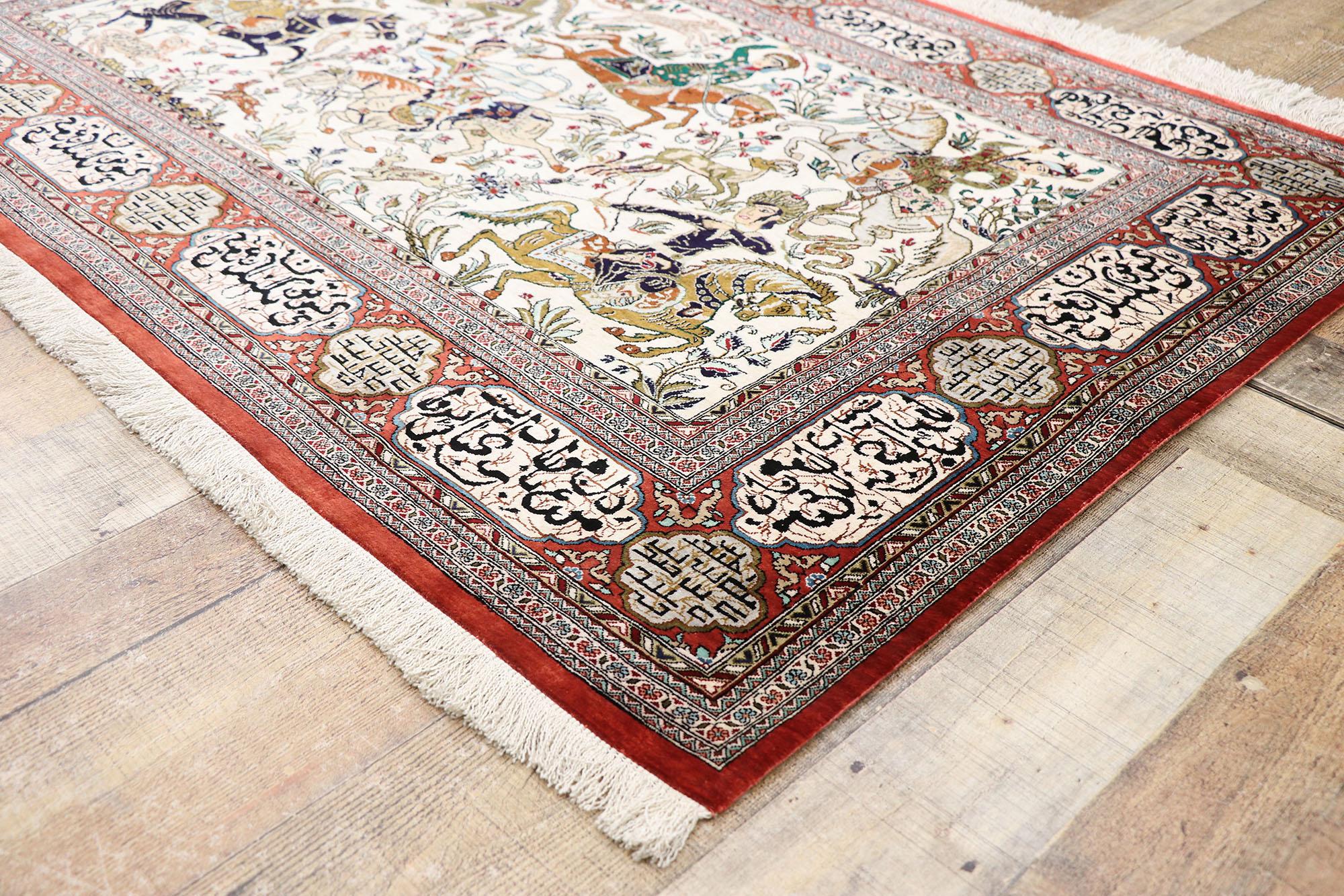 Hand-Knotted Vintage Persian Silk Qum Hunting Rug with Medieval Style For Sale