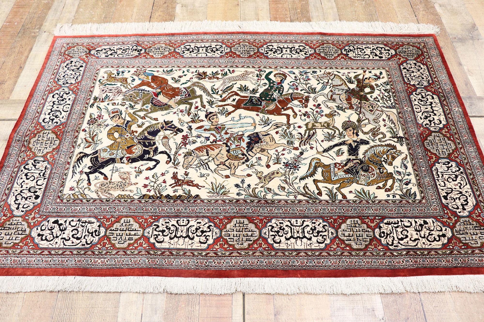 Vintage Persian Silk Qum Hunting Rug with Medieval Style In Good Condition For Sale In Dallas, TX