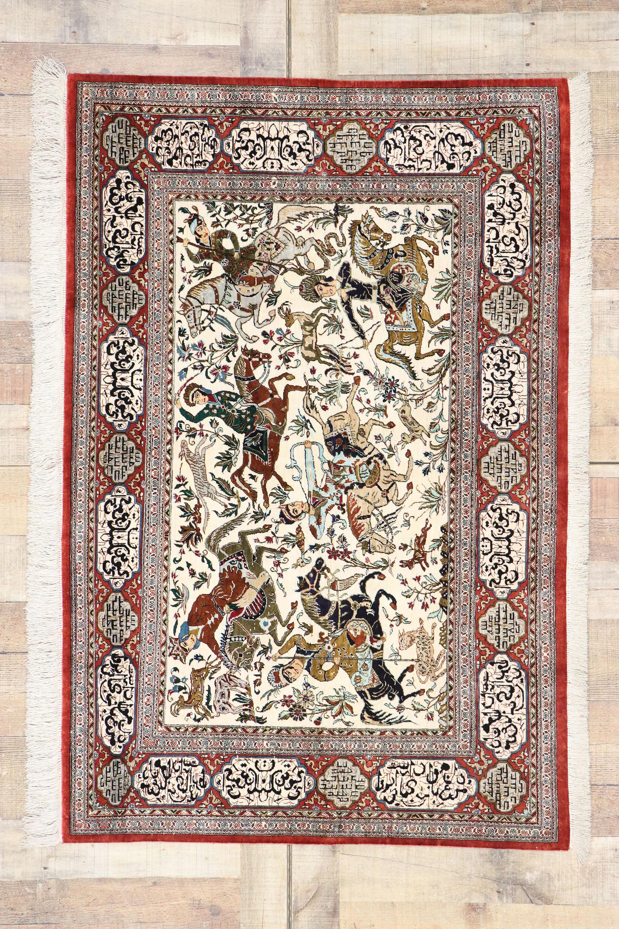 20th Century Vintage Persian Silk Qum Hunting Rug with Medieval Style For Sale