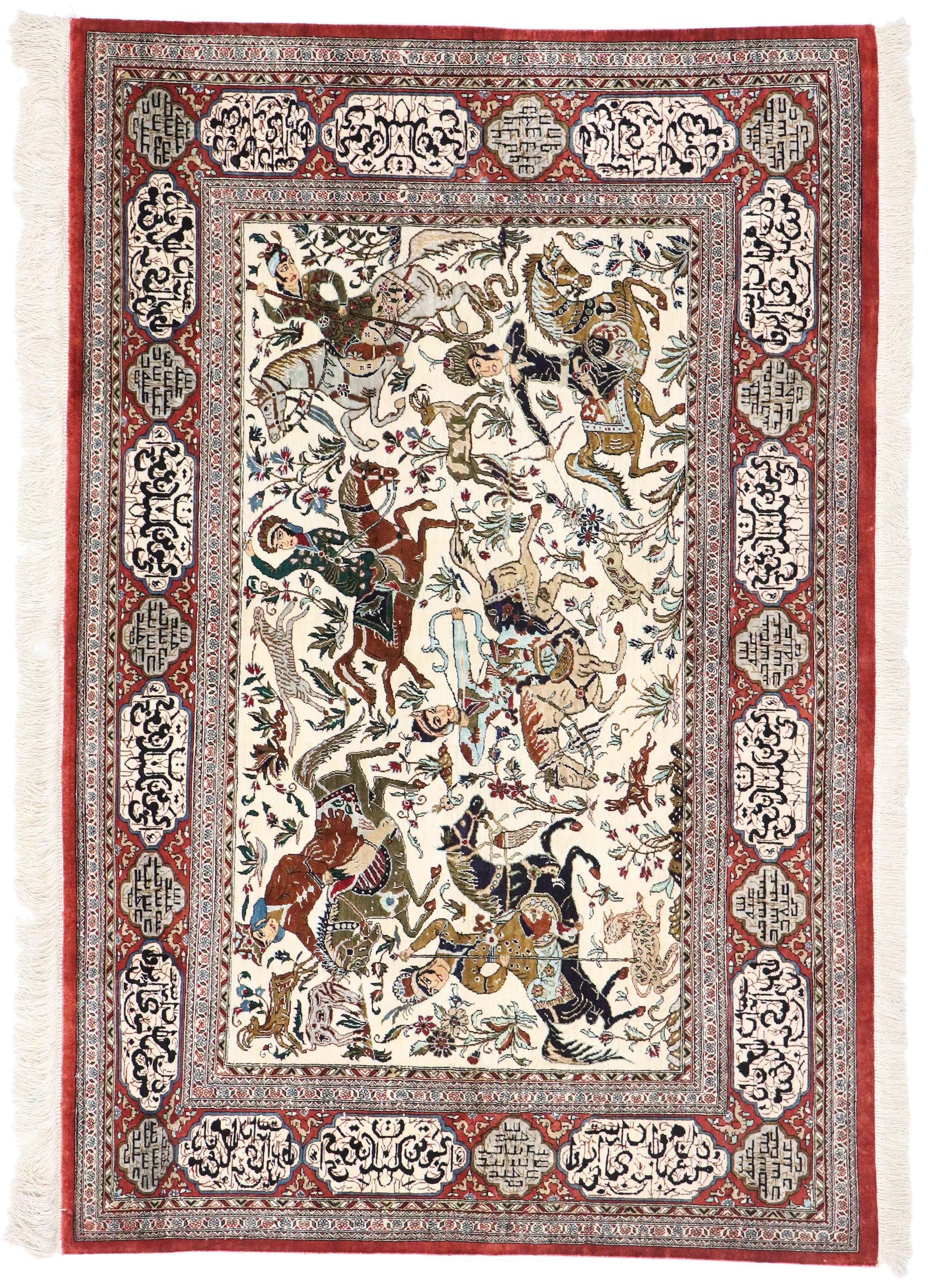 Vintage Persian Silk Qum Hunting Rug with Medieval Style For Sale 1