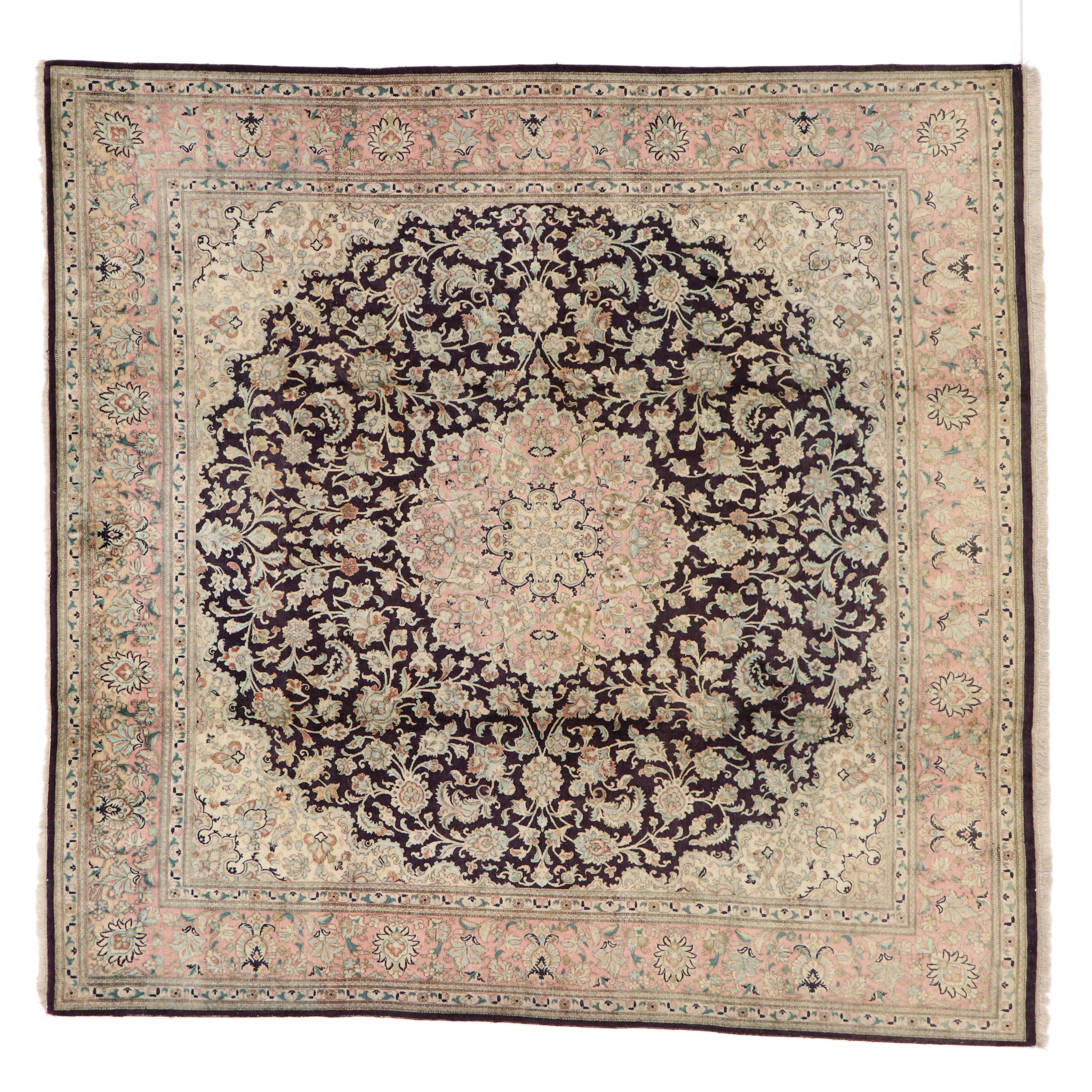 74893, Vintage Persian Silk Qum Square Rug with French Provincial Style 06'08 x 06'09. This stunning Persian silk Qum rug with traditional style in light colors bears a remarkable air of chic sophistication. Features a centre medallion with gorgeous